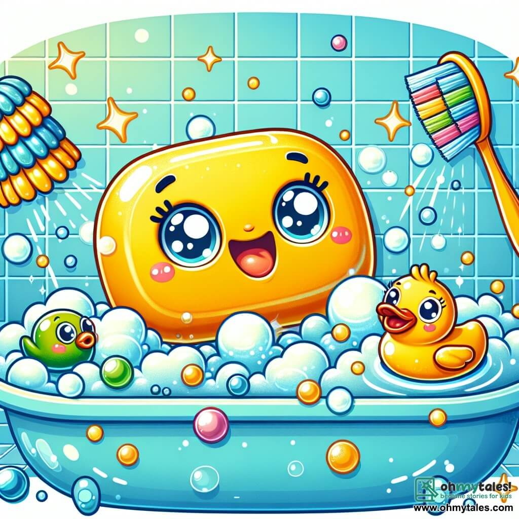 An illustration depicts a cheerful little yellow soap with sparkling eyes and a big smile, sliding enthusiastically along the edge of a bubble-filled bathtub, surrounded by sparkling bubbles. Next to it, an orange rubber duck with a smiling beak and round eyes happily swims in the water, letting out a joyful "quack." A little further away, a colorful toothbrush with multicolored bristles and a smiling face floats, admiring the soap. The main setting is a bright bathroom with light blue tiled walls and scattered bath toys, creating a joyful and playful atmosphere. The scene shows the soap sliding joyfully towards the edge of the bathtub, ready to dive, while its friends cheer with smiles and laughter, capturing the spirit of a fun bath day with splashes of water and floating bubbles adding movement and life to the illustration.