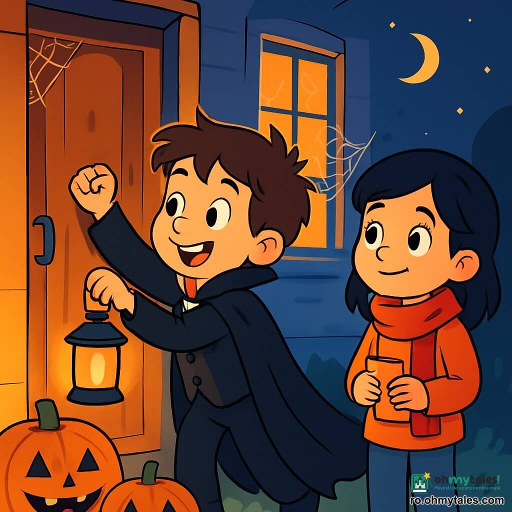 Un băiat de 8 ani, Luca, cu părul brun în dezordine și un zâmbet larg, poartă un costum de vampir cu o pelerină neagră prea mare care se trage după el. Ține o mică lanternă luminoasă într-o mână, în timp ce cealaltă mână este ridicată, pregătit să bată la ușa unei case. Lângă el, o fată de aceeași vârstă, Ana, are părul negru și poartă o eșarfă roșie. Se uită la Luca cu ochii strălucind de curiozitate, cu un zâmbet ușor pe buze, și ține un mic plic în mâini. Decorul se află în fața unei case vechi, decorată pentru Halloween, cu pânze de păianjen agățate de feronerie și dovleci sculptați care zâmbesc pe prag. Noaptea este înstelată, iar o lumină portocalie blândă emană din felinare. Situația principală îl arată pe Luca, puțin nervos dar hotărât, pregătit să o invite pe Ana la petrecerea sa de Halloween, în timp ce Ana, intrigată și entuziastă, așteaptă cu nerăbdare să audă invitația lui.
