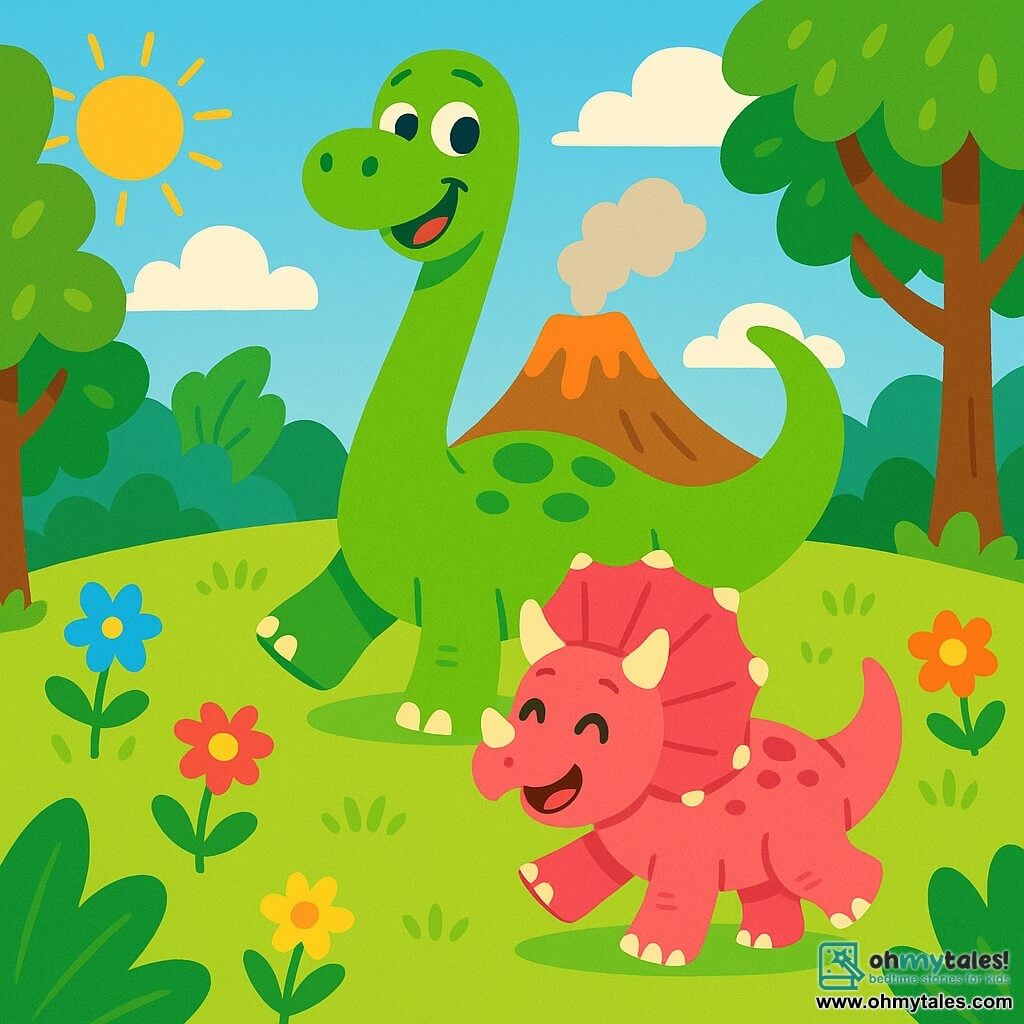 A diplodocus named Dino, with bright green skin and a long neck, joyfully stands in a sunny clearing, his big eyes shining with happiness. Next to him, a small triceratops named Tia, with pink scales and three horns on her forehead, smiles while playing in the green grass. The clearing is surrounded by tall trees with lush leaves and colorful flowers dancing in the wind. In the distance, a volcano is gently smoking, adding a touch of adventure to the scene. Dino and Tia are having fun together, running and laughing, ready to face any challenges that come their way.