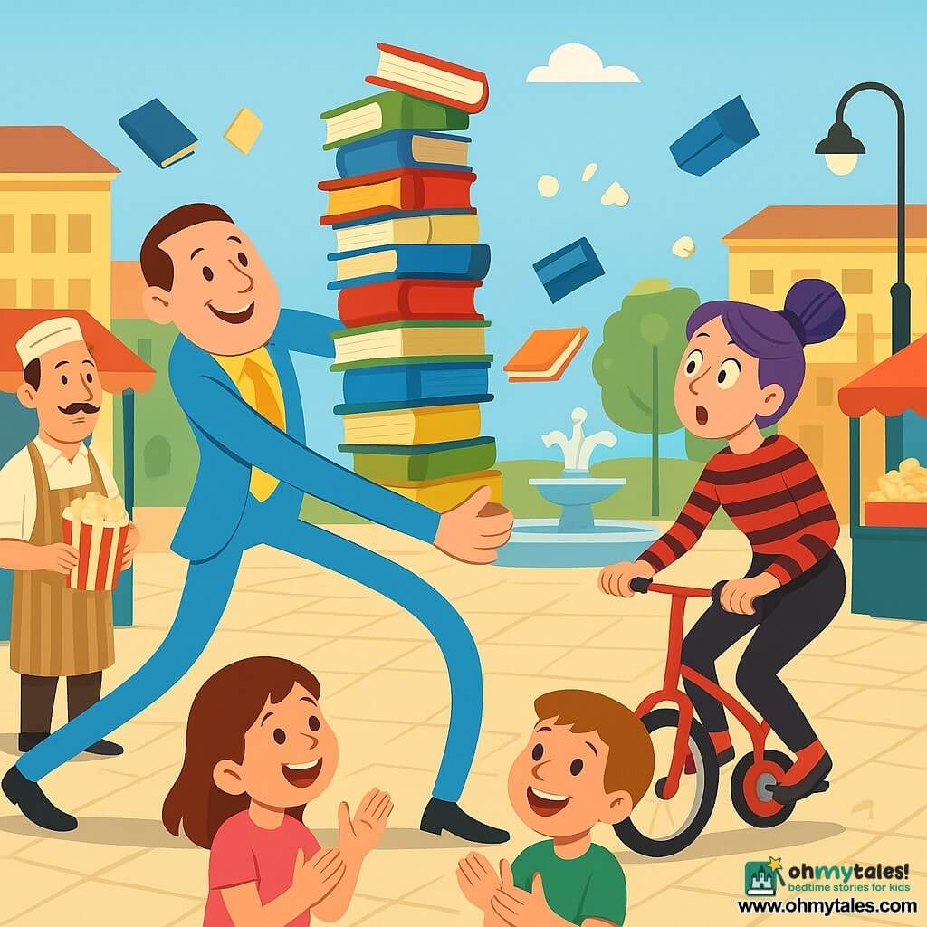A man called Elastic Ed, round smiling face, determined joyful expression, light blue and bright yellow costume with arms and legs stretched like elastic ribbons, braces a tall shelf of balancing books while Wobbly Wanda, about 25, mischievous-turned-surprised with purple hair in a bun and red-and-black striped outfit, skids to a stop on a small red unicycle to his right; a popcorn vendor in his mid-40s with a beige striped apron and thin mustache stands left holding a bag of popcorn, and two children (ages 7 and 8) in the foreground clap with wide eyes; the colorful urban plaza with pale cobbles, a fountain, street stalls and rounded lamp posts is animated by flying books and popcorn as a comedic, dynamic confrontation unfolds with Ed stretching to stabilize the street.