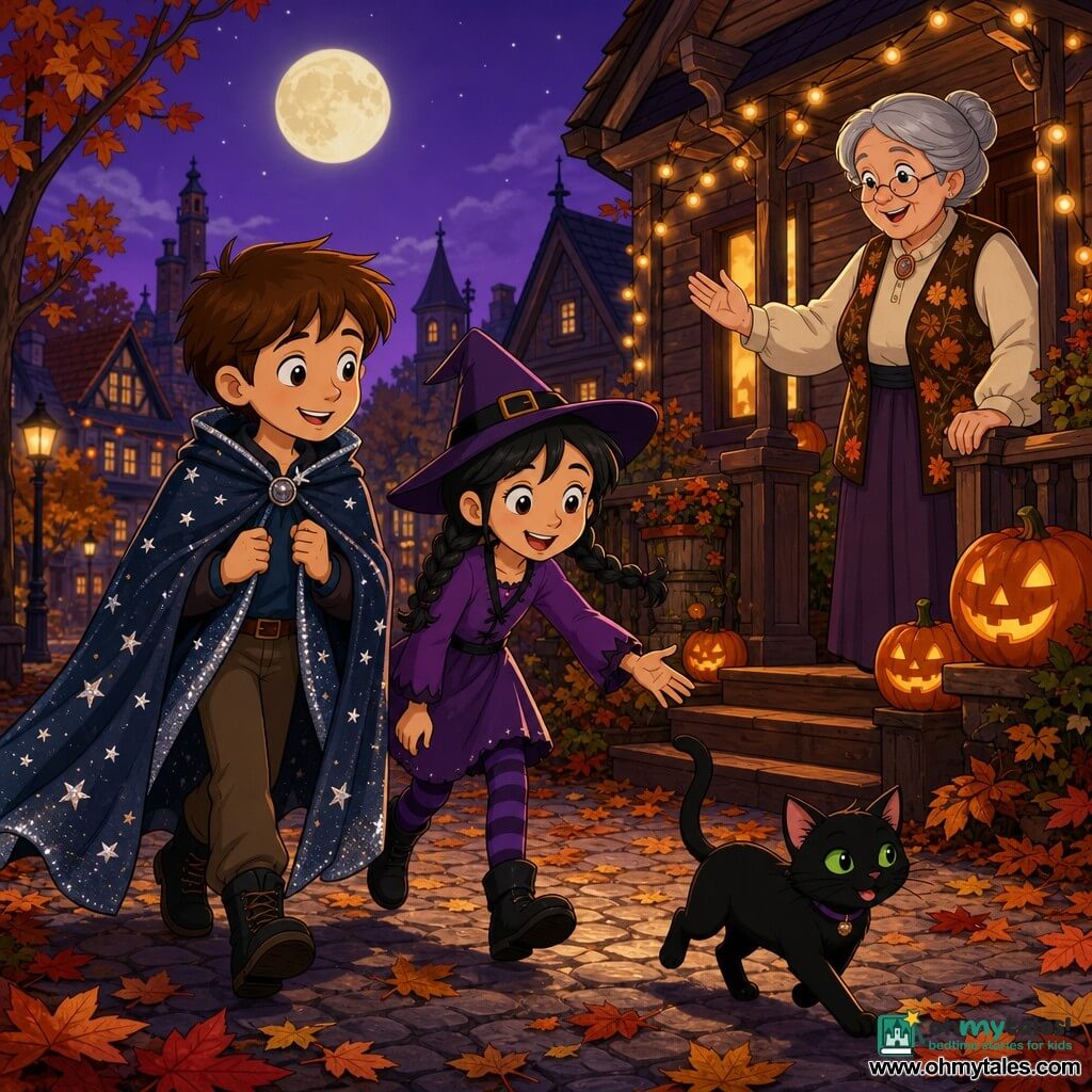 Eight-year-old Felix, smiling with short chestnut hair and bright brown eyes, wears a midnight-blue cape sprinkled with silver stars and holds it around his shoulders as he watches a small black female cat with bright green eyes trot ahead; to his right walks Mia, also about eight, joyful with black braided hair and a small purple witch hat, laughing and reaching toward the cat; Miss Hazel, a kindly sixty-five-year-old with gray hair in a bun and an autumn-patterned cardigan, stands on the porch of a small wooden house lit by glowing pumpkins and gestures welcome; the children follow the cat along a cobblestone neighborhood street at dusk with swirling orange and red leaves, old wooden houses decorated with carved pumpkins and string lights, a round moon in a purple sky, creating a warm, magical Halloween scene in orange, purple and midnight-blue tones with soft pumpkin light and a silver glow on the cape.