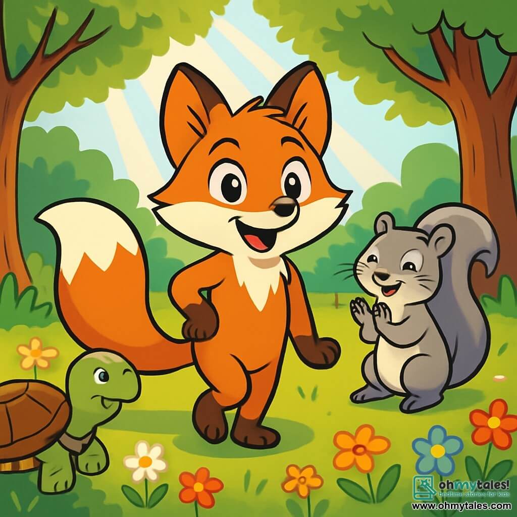 A small fox with vibrant fur, sparkling curious eyes, and a radiant smile stands in the center of a sunny clearing surrounded by colorful wildflowers. It has a slightly twisted paw, but its expression is full of determination and joy. To its right, a gray squirrel with a bushy tail and bright encouraging eyes enthusiastically claps in support. To its left, a wise turtle with a shell adorned with natural patterns smiles benevolently, observing the scene with pride. The clearing is bordered by majestic trees with bright green leaves, and a gentle ray of sunlight filters through the branches, creating a warm and welcoming atmosphere. The small fox is sharing its story with a group of animals gathered around, all captivated by its words, illustrating the strength of friendship and the beauty of differences.