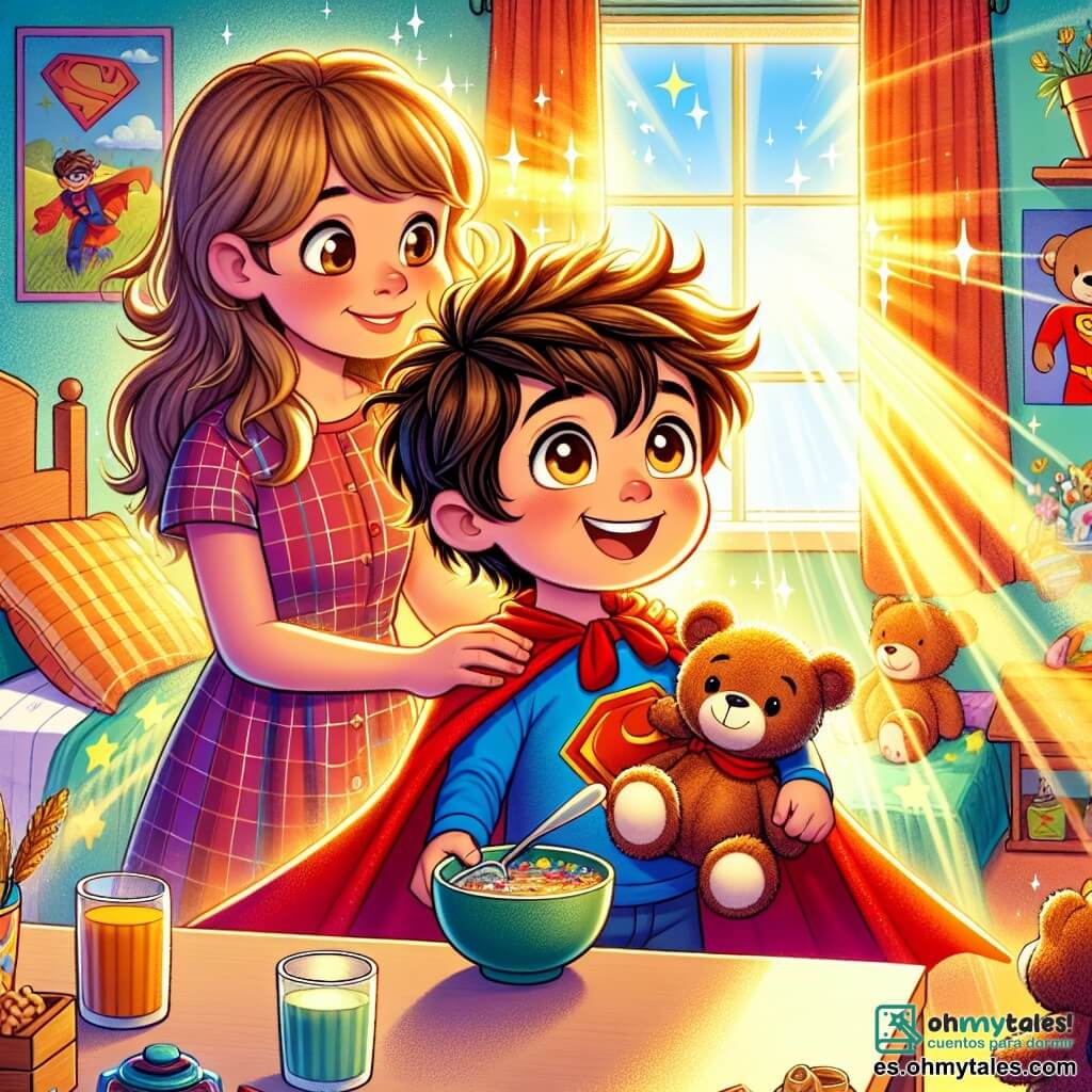 Un niño de 6 años, con cabello castaño desordenado y ojos brillantes de curiosidad, lleva una capa roja y sostiene un oso de peluche llamado Tato. Tiene una sonrisa decidida en el rostro, listo para la aventura. A su lado, su mamá, una mujer dulce de unos 30 años, con cabello largo y rubio, le da un cálido abrazo, mostrando su apoyo y amor. La escena se desarrolla en la habitación de Nico, llena de juguetes coloridos, pósters de superhéroes en las paredes y una luz dorada que filtra a través de la ventana. En el escritorio, un tazón de cereales y un vaso de leche esperan ser comidos. Nico, con Tato a su lado, se prepara para partir en busca de un remedio mágico en un mundo imaginario, lleno de rayos de sol que parecen formar caminos luminosos.