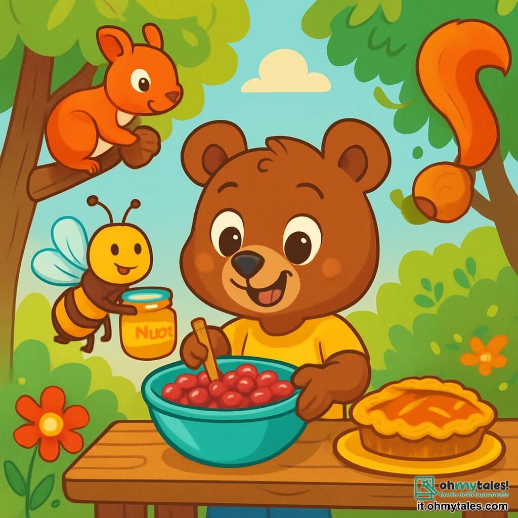 Un piccolo orso bruno, di nome Bruno, con grandi occhi scintillanti e un sorriso radioso, sta preparando una bella torta di bacche su un tavolo di legno rustico. È gioioso e concentrato, mescolando bacche rosse brillanti e miele dorato in una grande ciotola. Accanto a lui, un'ape sorridente, con strisce gialle e nere, vola intorno a lui, portando un barattolo di miele. Sembra entusiasta e aiuta con diligenza. Uno scoiattolo dai peli rossi, appollaiato su un ramo proprio sopra, guarda con curiosità, tenendo una noce tra le piccole zampe, pronto ad aggiungere un ingrediente croccante alla ricetta. Il decor è un incantevole boschetto verde, pieno di alberi con foglie brillanti e fiori colorati che danzano nella leggera brezza. Raggi di sole filtrano tra i rami, illuminando la scena con una dolce luce dorata. Bruno e i suoi amici sono in piena effervescenza, creando insieme un regalo speciale per la festa della mamma, pieni di eccitazione e amicizia.