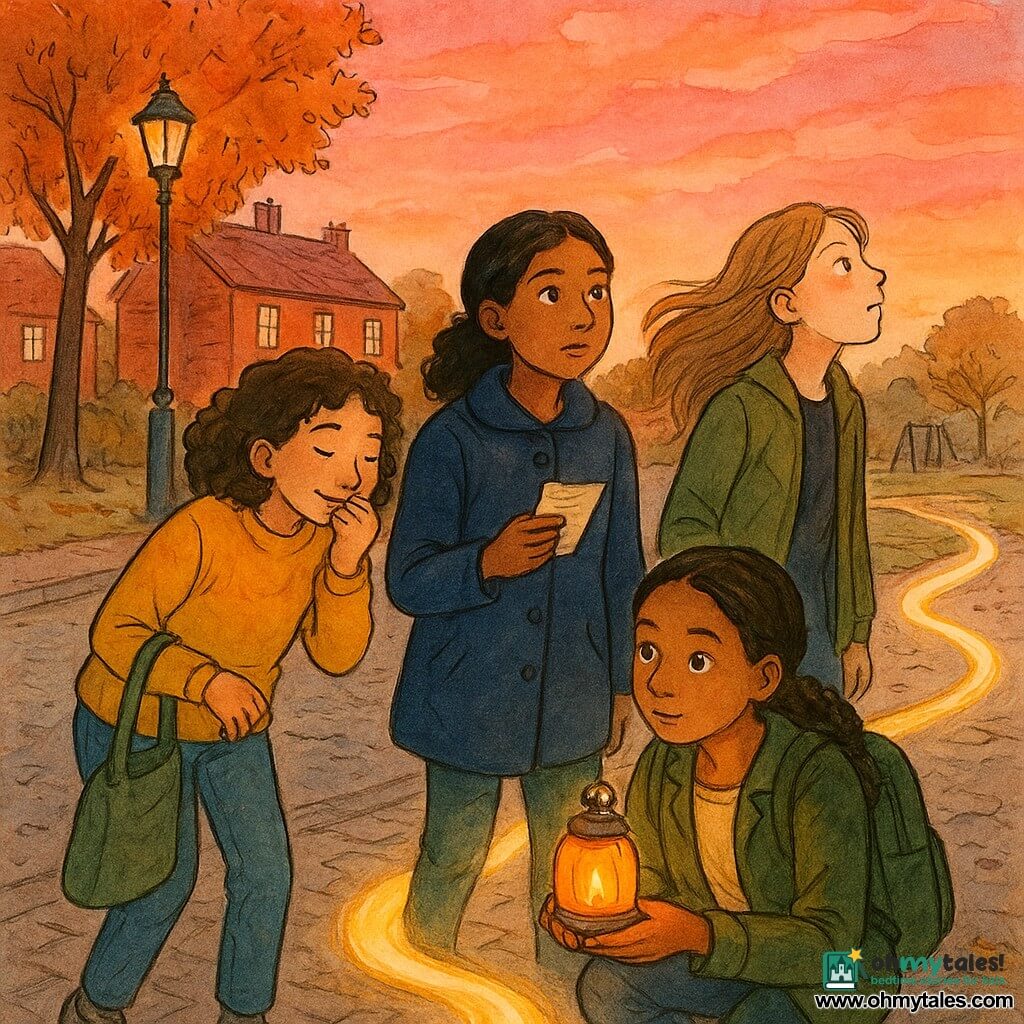 Four girls—Amina (about 12, light brown skin, black hair in a ponytail, navy coat, holding a small paper list) at the center looking at the pendant's glow; Zara (about 11, olive skin, curly brown hair, mustard sweater) to Amina's left sniffing her sleeve and smiling; Noor (about 12, fair skin, long straight wind-blown hair, khaki jacket) slightly behind to the right looking at the peachy-pink sky; and Layla (about 10, coppery skin, braided hair, green backpack) crouched near the sidewalk holding a small glass pendant-lantern that emits a warm light—stand on a brick-house residential street at sunset with old streetlamps, autumn trees and a distant playground, each carrying iftar bags and following a thin golden ribbon of light streaming from the lantern that winds along the ground like a glittering path guiding them toward their neighbors.