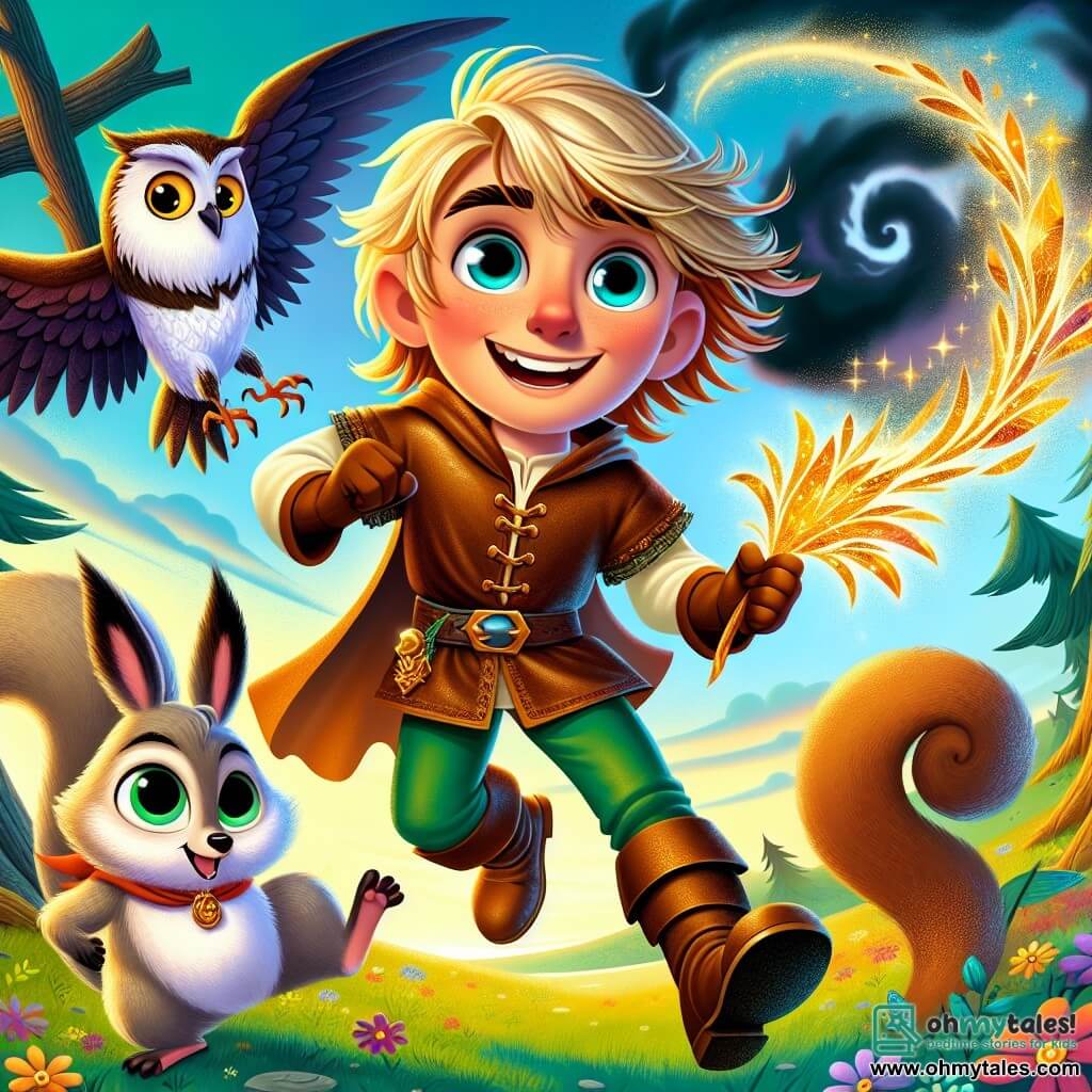 In the center of the image, a young boy named Leo, about 12 years old, stands bravely with long golden hair and bright blue eyes. He wears a brown leather tunic, green pants, and sturdy boots. His face shows joyful determination as he holds a sparkling golden feather in one hand and a shining jewel in the other, ready to confront a threatening dark cloud above him. To his right, a small squirrel named Nutty, with brown fur and bright eyes, jumps with excitement. He wears a small red scarf and seems to encourage Leo with a big smile. On the left, a wise owl with white feathers and round eyes perches on a branch, attentively watching the scene, ready to give advice. The setting is a bright kingdom with green hills and colorful flowers blooming under a blue sky. However, above Leo, a menacing black cloud looms, creating a striking contrast with the surrounding beauty. The main situation shows Leo, determined and brave, ready to chase away the dark cloud threatening his kingdom, surrounded by his friends who encourage him in this heroic adventure.