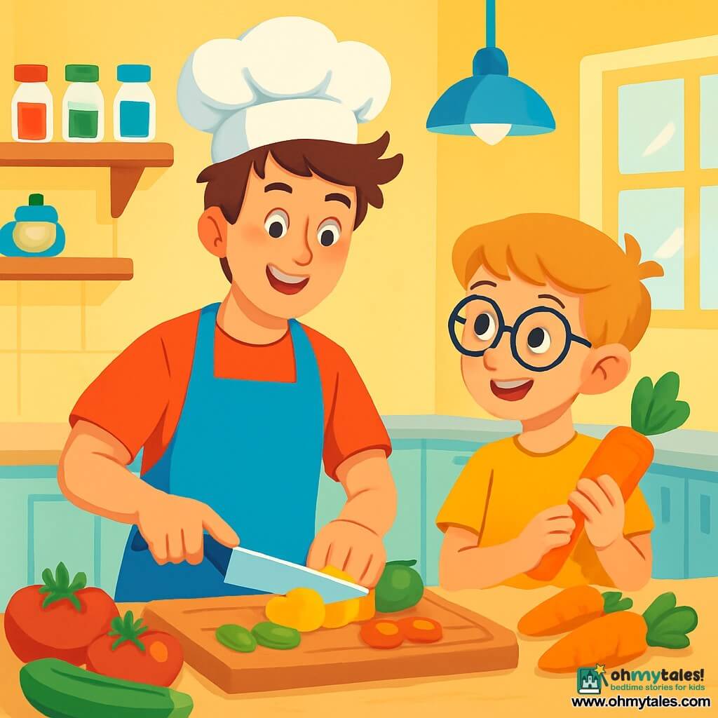 A young chef, Leo, a man in his twenties with messy brown hair and a warm smile, stands in front of a large wooden countertop. He wears a bright blue apron and holds a chef's knife, looking focused and happy, ready to chop colorful vegetables. Beside him, Max, a 12-year-old boy with glasses and blonde hair, watches in admiration, holding a fresh carrot. Their kitchen is spacious and bright, with pastel yellow walls and shelves filled with colorful spice jars. Fresh vegetables like red tomatoes, green zucchinis, and orange carrots are spread out on the counter, while a large pot of soup simmers on the stove, releasing a fragrant steam. The scene captures Leo preparing a delicious meal, surrounded by the aroma of fresh ingredients, with vibrant colors and a joyful atmosphere, illustrating the pleasure of cooking together.