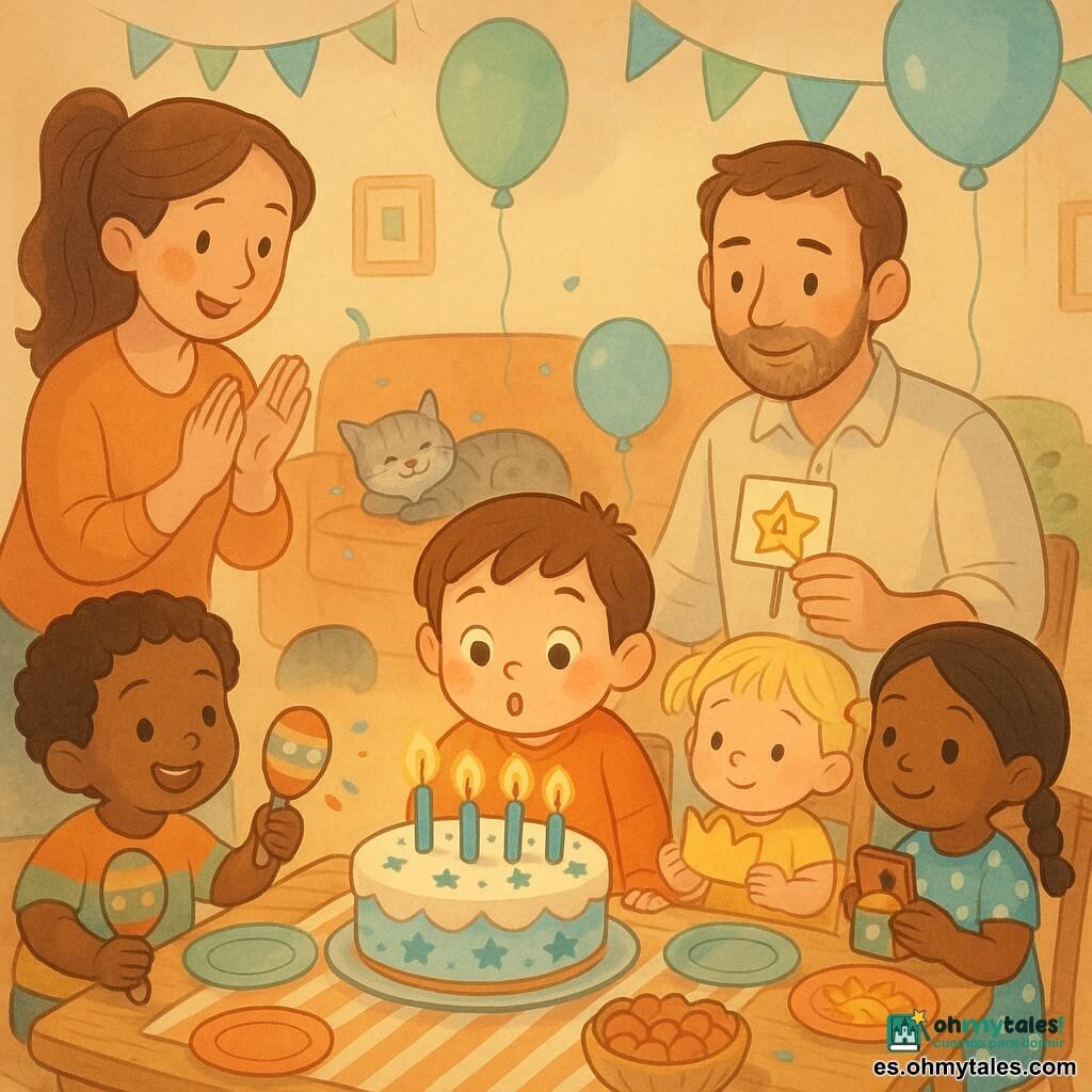 Un niño de 4 años, feliz y asombrado, cabello castaño corto y mejillas sonrosadas, sopla velas azules sobre un pastel redondo con glaseado blanco y estrellas; detrás, la madre de treinta años de pie a la izquierda aplaude con ternura, el padre de treinta a la derecha, con barba ligera y camisa clara, sostiene un pequeño cartel decorado con estrellas y mira al niño con orgullo; junto a la mesa, una hermana de 2 años con coletas rubias sostiene una corona de papel, la amiga Sofía, de 4 años, con vestido de lunares y trenza negra, tiene una cajita musical, y el amigo Tomás, de 4 años, con rizos y camiseta colorida, sacude maracas improvisadas; en el sofá detrás, un gato atigrado gris ronronea cubierto de confeti; ambiente de salón cálido con guirnaldas verdes y azules, globos flotantes, mesa de madera con mantel a rayas, vajilla colorida y cesta de frutas, momento exacto del soplo de velas, caras dirigidas al niño, luz suave, expresión de ternura y paleta pastel.