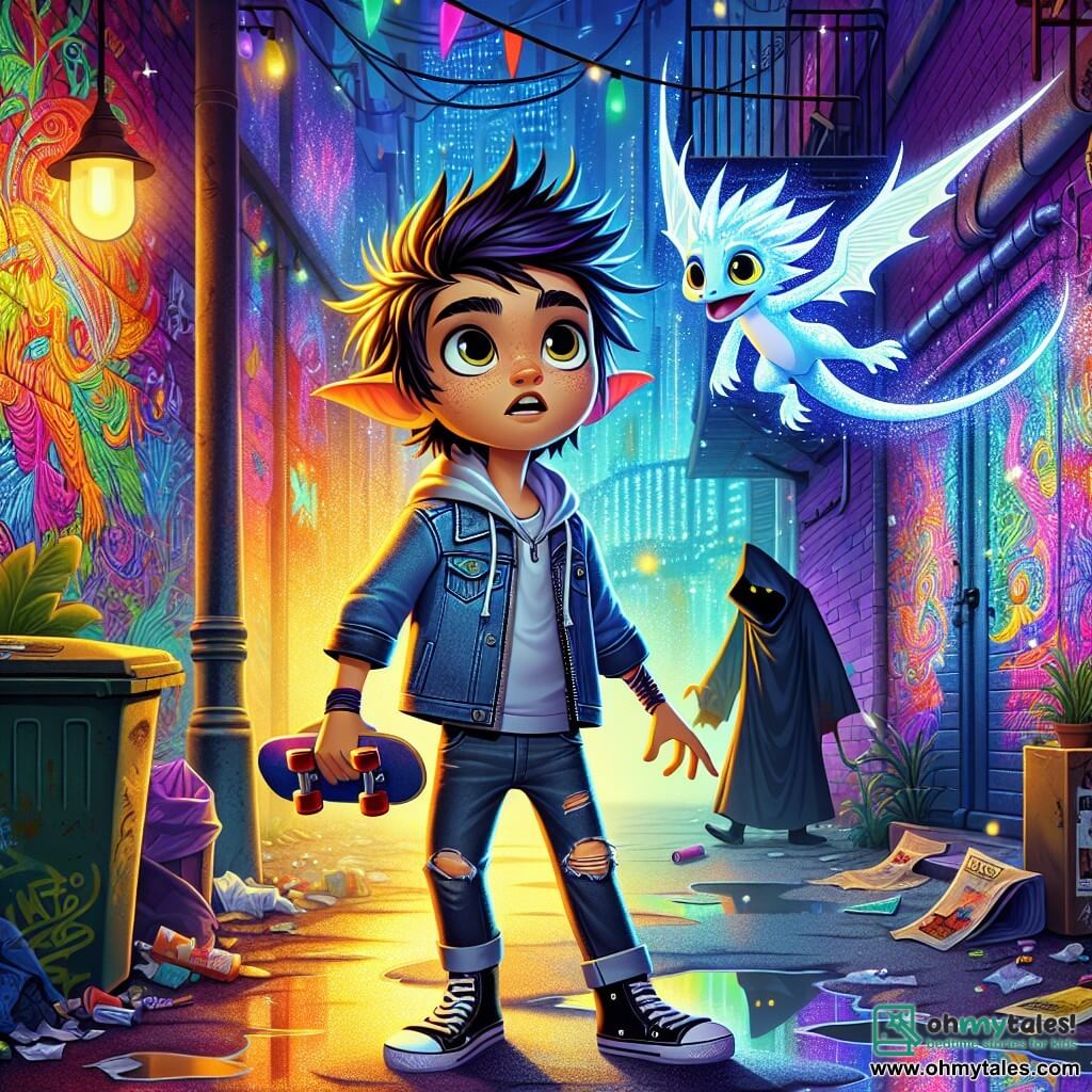 A young character with tousled hair and pointed ears, wearing a denim jacket and ripped jeans, looks on with wide, curious eyes while holding a skateboard under one arm. He stands in front of a vibrant mural, where bright colors dance and shimmer. Next to him, a small dragon with shiny scales and mischievous eyes floats in the air with a playful expression, observing the scene with fascination. In the distance, a mysterious figure in a dark cloak stands in the shadows, their bright eyes revealing a mix of curiosity and concern. The setting is a bustling urban alley lined with walls covered in colorful graffiti, where neon lights reflect on the wet pavement. Overflowing trash bins and torn posters flutter in the wind, creating a magical yet urban atmosphere. The main situation shows the young character discovering a shiny silver feather on the ground, with a mysterious glow emanating from the mural, signaling the opening of a passage to a fantastical world.