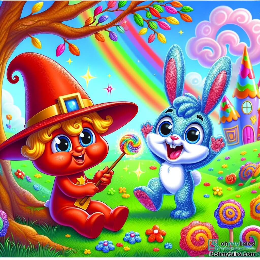 Pasquale, un piccolo pastello rosso con un grande cappello a punta troppo largo, è seduto sotto un albero dalle foglie multicolori, mostrando un sorriso gioioso e occhi scintillanti di eccitazione. Tiene una piccola bacchetta magica in legno, pronto a realizzare un nuovo incantesimo. Accanto a lui, Saltello, un coniglietto blu con grandi orecchie e pelo lucente, salta di gioia, i suoi occhi rotondi pieni di entusiasmo. Il paesaggio è un campo vibrante di colori, con case dipinte in tonalità arcobaleno, alberi dai tronchi a spirale e nuvole a forma di caramelle che fluttuano in un cielo azzurro chiaro. La scena principale mostra Pasquale che prepara un incantesimo per far apparire musica magica, mentre Saltello lo incoraggia con un grande sorriso, creando un'atmosfera gioiosa e piena di magia.