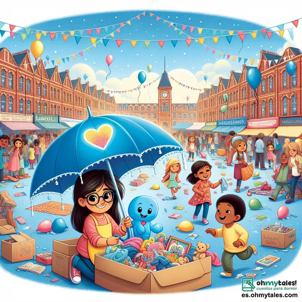 Un pequeño paraguas azul brillante, con varillas delicadas y un corazón luminoso, se encuentra en el centro de la imagen, mostrando una expresión alegre y decidida, listo para ayudar a los demás. A su lado, una mujer sonriente, con un delantal colorido y gafas, está recogiendo juguetes y ropa en una gran caja de cartón, mostrando una expresión de compasión y compromiso. Al fondo, un grupo de niños alegres, con ropa variada y sonrisas brillantes, corren y ríen, sosteniendo juguetes y libros, creando una atmósfera de camaradería y solidaridad. El lugar es una plaza central animada de Lluviaville, decorada con globos coloridos y banderines flotantes, con casas de fachadas pastel que rodean la escena, bajo un cielo azul salpicado de nubes blancas. La situación principal muestra un bullicioso mercado de pulgas, donde los habitantes se reúnen para comprar e intercambiar objetos, compartiendo sonrisas e historias, ilustrando la alegría colectiva y el espíritu de ayuda de la comunidad.