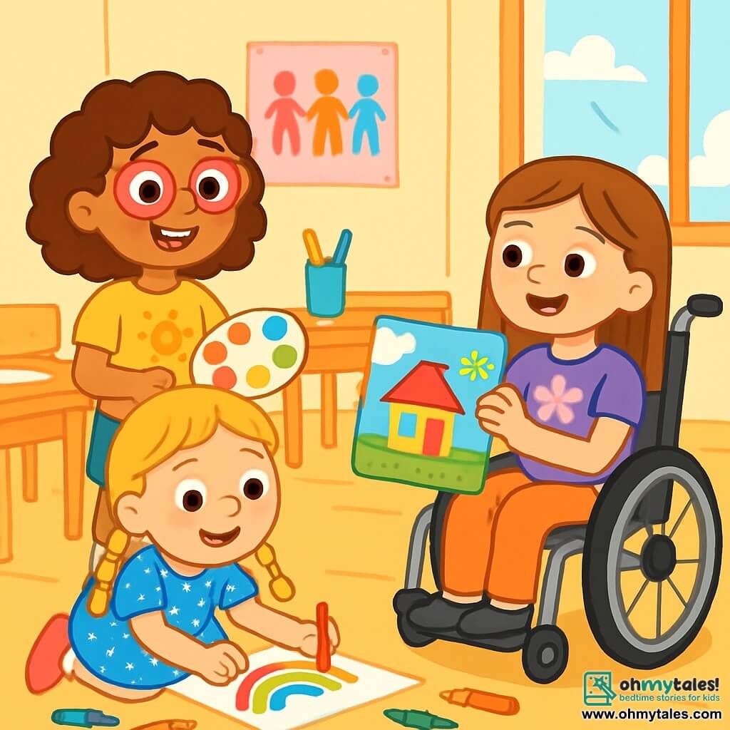 There are three characters: Lucy, an 8-year-old girl with curly brown hair and pink glasses, wearing a yellow t-shirt with a sun design and denim shorts. She is standing, smiling, holding a colorful paint palette. Mia, a 7-year-old girl with braided blonde hair in a blue dress with white polka dots, is sitting on the floor surrounded by colored pencils, drawing a rainbow. Emma, a 9-year-old girl in a wheelchair with smooth brown hair, is next to Lucy, showing a colorful painting she created. The setting is a bright classroom with light yellow walls, decorated with colorful posters about friendship and inclusion. There are wooden tables with scattered art supplies, and a large window lets in sunlight, illuminating the room. The main scene shows Lucy, Mia, and Emma sharing a joyful moment, with bright smiles. Lucy and Emma are discussing art while Mia enthusiastically draws. The atmosphere is warm and friendly, filled with creativity and laughter.