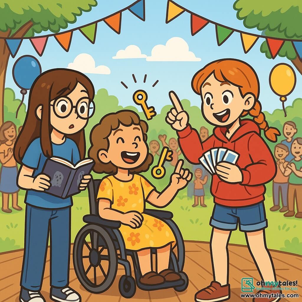 There are 3 characters: - Emily: an 11-year-old girl with long brown hair and round glasses. She wears a blue t-shirt and jeans, holding a book in her hands, looking curiously. - Olivia: an 11-year-old girl with short, curly light brown hair. She is sitting in a wheelchair, dressed in a yellow floral dress, and smiling joyfully while listening to her friends. - Sophie: a 10-year-old girl with red braided hair. She wears a red hoodie and denim shorts, standing and gesturing enthusiastically, ready to perform a magic trick. The three friends are on a wooden stage decorated with colorful garlands and floating balloons in a sunny park. In the background, families and children are applauding, creating a festive and joyful atmosphere. The main scene shows the three friends performing their magic act. Emily, looking focused, reads a mysterious story, while Sophie performs a card trick, and Olivia, with a big smile, reveals a golden key, symbolizing the treasure of their story. The excitement and nervousness on their faces capture the emotion of the moment, surrounded by the vibrant energy of the audience.