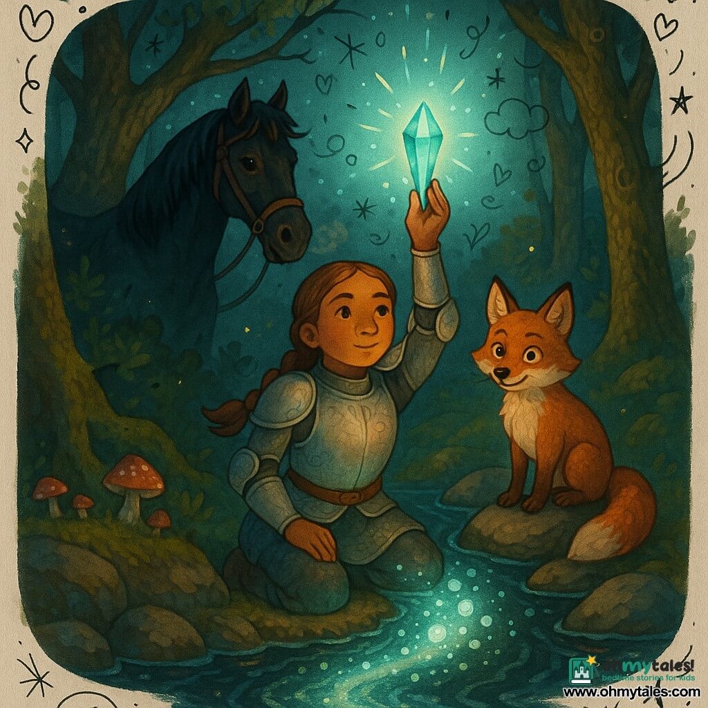 A determined, serene female knight with a round face and light chestnut braided hair in silver light armor engraved with floral motifs holds a blue-green glowing crystal above a dark river, its light illuminating her face and casting sparkling reflections on the water; a playful male fox with a glossy reddish coat, wide mischievous eyes, perked ears and a bushy tail sits on a rock beside her watching the crystal; a warhorse named Starfire with a sleek black coat and simple leather bridle stands slightly back to the left, gently steaming in the cool evening air; the scene is the source of a river in a wooded clearing at dusk with ancient moss-covered trees, colorful mushrooms, floating fireflies and wet rocks reflecting the crystal's glow; she is purifying the river by raising the crystal to the sky as pure light replaces murky water, bubbles and sparks rising, creating a magical, soothing atmosphere in a luminous blue-green palette against deep browns and greens.
