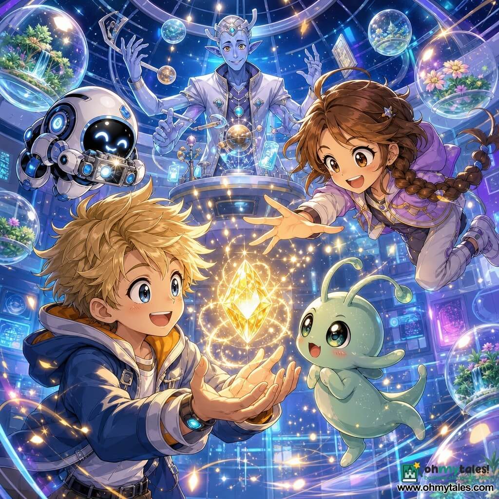 An 8-year-old boy, Finn, smiling and wide-eyed with tousled blond hair, holds a small glowing crystal that spins and emits golden sparks; Lila, an 8-year-old girl with braided brown hair, laughs and reaches toward it while floating beside him; a pale green, sparkling alien named Zuzu with soft antennae looks shy then joyful as the crystal rises; a compact white-and-blue robot called PIP twirls around taking pictures with a mini camera; Professor Zib, a tall iridescent-blue four-armed alien in a silver lab coat, smiles behind a table of floating scientific objects inside the Galactic Science Discovery Center’s glass dome with colorful holographic panels and floating bubbles containing plants and tiny waterfalls — the invisible floor makes everyone levitate slightly as the crystal brightens when Finn thinks of his friends and golden sparks fill the air, faces lit with wonder.