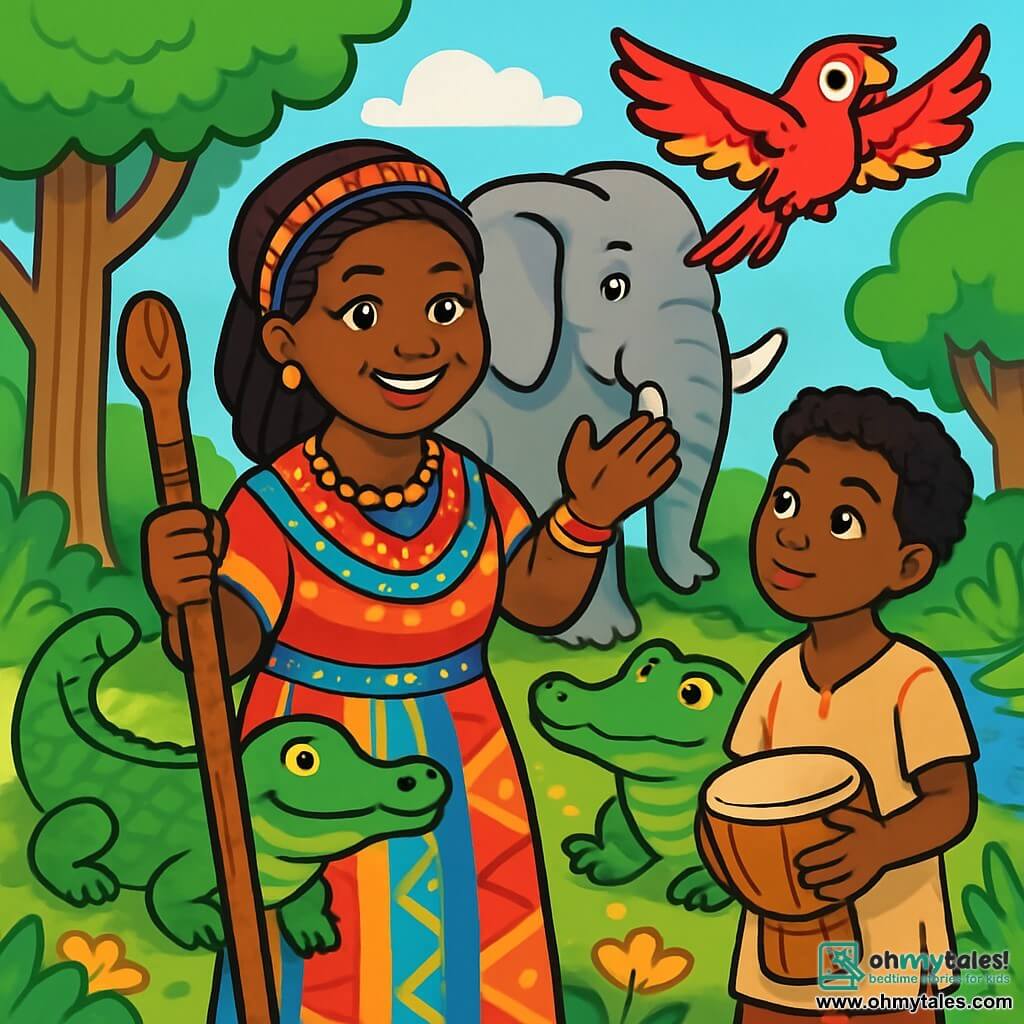 In the center of the image, a strong and wise woman, Chief Amara, stands with a face radiant with determination and kindness. She wears a dress made of colorful fabrics adorned with sparkling beads and holds a carved wooden chief's staff. Her eyes shine with warm light as she raises her arm to gather the animals around her. To her right, a young boy named Mosi, about 12 years old, looks at Amara with admiration. He has curly hair and wears a simple beige tunic, holding a small wooden drum, ready to accompany her in the celebration. In the background, a majestic elephant, with large ears and gray skin, stands proudly, ready to help break the dam blocking the river. Next to it, a crocodile with shimmering green scales observes wisely, while a parrot with bright red and yellow feathers flies above them, adding a splash of color to the blue sky. The setting is a lush clearing in the heart of the forest, surrounded by tall trees with thick trunks and dense foliage. The ground is covered with leaves and colorful flowers, while a sparkling stream flows nearby, symbolizing the return of life. The main scene shows Amara and the animals united, ready to work together to break the dam preventing the water from flowing, illustrating the theme of justice and harmony in nature.