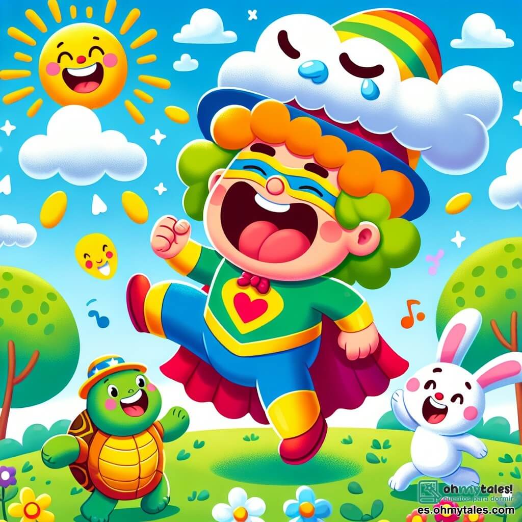 Don Risas es un hombre alegre con una gran sonrisa, vestido con un colorido traje de superhéroe con motivos de nubes y risas. Tiene el cabello rizado y un gran sombrero divertido que le cae sobre los ojos, mientras baila riendo, rodeado de nubes que parecen sonreír también. A su lado, Tula, una tortuga verde con un caparazón brillante, observa con ojos chispeantes de emoción. Ella está bailando sobre sus patas traseras, con sus pequeñas patas delanteras levantadas en el aire. Rayo, un joven conejo blanco con orejas grandes, salta alegremente, con sus patas traseras bien en el aire y una expresión traviesa en su rostro. La escena ocurre en un parque soleado, lleno de árboles de hojas verdes brillantes y flores coloridas que bailan al ritmo del viento. El cielo es azul con algunas nubes blancas que parecen reír y divertirse. La situación principal muestra a Don Risas riendo tan fuerte que hace mover los árboles a su alrededor, mientras Tula y Rayo bailan y se divierten, creando una atmósfera alegre y llena de vida.