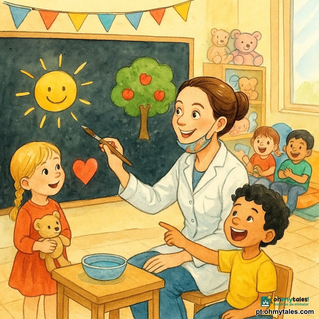 Uma médica sorridente na casa dos 30, cabelo castanho preso em coque, jaleco branco e máscara colorida sob o queixo, segura um grande pincel molhado e pinta formas que se evaporam num quadro negro; à direita, um menino de 6 anos de cabelos cacheados negros, sentado numa cadeirinha, aponta o desenho do sol; à esquerda, uma menina de 4 anos de cabelos loiros em tranças, em pé com uma pequena pelúcia; atrás, três crianças (7, 5 e 3 anos) sentadas em almofadas coloridas aplaudem e riem com brinquedos ou livros coloridos; a sala de espera virou um canto mágico com quadro negro fosco, uma tigela de água sobre mesa de madeira clara, prateleiras baixas com peluches em tons pastéis, almofadas listradas, guirlandas de papel, chão de ladrilho quente e luz suave pela janela; a médica pinta imagens temporárias à água — um grande sol sorridente, uma macieira e um coração cintilante — enquanto as crianças, maravilhadas e tranquilas, observam num ambiente terno, colorido e cheio de esperança.