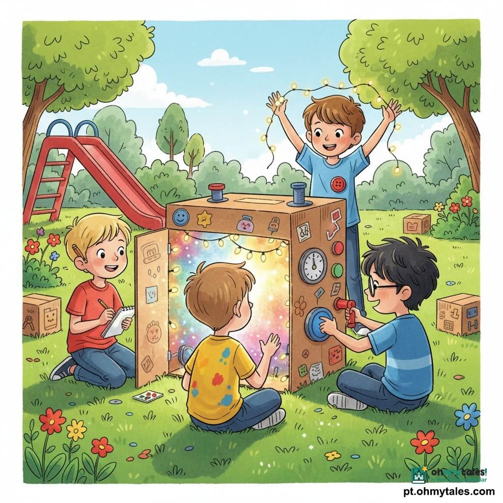 Há quatro meninos de 4 anos: Tomás, cabelos castanhos curtos, camiseta amarela manchada de tinta, sentado à frente da máquina de cartão olhando maravilhado; Pedro, cabelos negros despenteados e óculos redondos, segurando uma alavanca de plástico e fingindo apertar um botão azul; Lucas, loiro, agachado à esquerda com caderninho e lápis atrás da orelha, anotando e sorrindo; João, castanho, em pé atrás dos outros balançando uma guirlanda de luzes. Ambiente: um pequeno jardim ensolarado com relva verde, um escorrega vermelho ao fundo, árvores de folhas arredondadas, flores coloridas e caixas de cartão decoradas. Situação: uma grande máquina de cartão feita pelas crianças abre como uma porta mágica; guirlandas luminosas brilham, botões coloridos e um mostrador desenhado marcam "tic tac" e uma luz suave multicolor sai de dentro refletindo sombras de folhas e pequenas estrelas imaginárias.