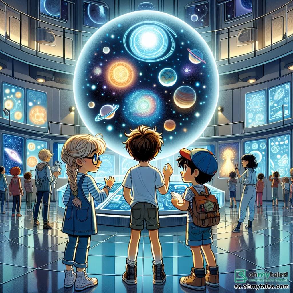En una gran sala de la estación espacial, tres niños están en el centro: Leo, un niño de nueve años con cabello castaño desordenado y ojos llenos de curiosidad, observa asombrado una esfera brillante flotante; Clara, una niña de nueve años con gafas redondas y cabello rubio trenzado, toma notas en su pequeño cuaderno, su rostro iluminado por la luz azul de la esfera; y Marcos, un niño de nueve años con cabello negro y una gorra roja, sostiene una pequeña herramienta en su mano, listo para explorar los paneles luminosos que rodean la esfera. La sala está llena de luces suaves y paneles holográficos que proyectan imágenes de planetas coloridos y estrellas brillantes. En el centro de la escena, los niños descubren una esfera brillante que proyecta imágenes del universo, mientras extraterrestres amigables, con pieles iridiscentes y ojos grandes y brillantes, los rodean, sonriendo y compartiendo historias fascinantes.