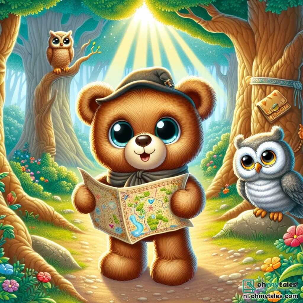 Een klein teddybeer, met zachte, bruine vacht en glanzende, ronde ogen, staat in het midden van de scène met een uitdrukking van nieuwsgierigheid en verwondering. Hij houdt een magische kaart vast in zijn pootjes, met wijdopen ogen van opwinding. Naast hem zit een oude wijze uil, met grijze veren en ronde brillen, op een tak, kijkend naar de beer met een vriendelijke glimlach, zijn ogen sprankelend van wijsheid. De achtergrond is een betoverende open plek, omringd door majestueuze bomen met dikke stammen en stralende bladeren, waar kleurrijke bloemen dansen in de wind, en zonnestralen door het loof schijnen, wat een magische sfeer creëert. De hoofdscène toont de beer die de glinsterende kaart ontdekt, klaar om zich op een ongelooflijk avontuur te storten, terwijl de uil hem wijs aanmoedigt, klaar om de geheimen van de te volgen weg te onthullen.