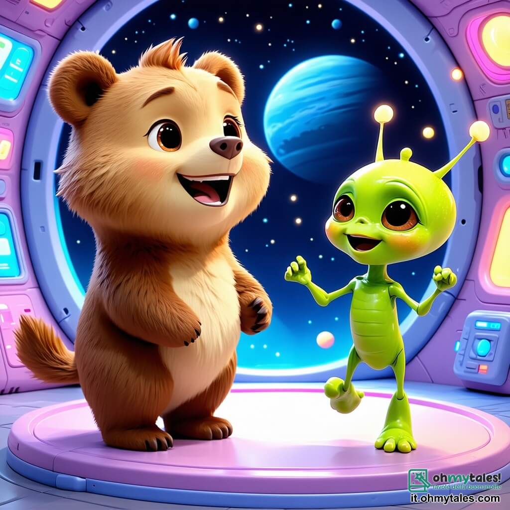 In una sala colorata di una stazione spaziale, un orso bruno di nome Bruno, con grandi occhi curiosi e un pelo morbido, guarda con meraviglia un piccolo alieno verde di nome Zog. Bruno, con un sorriso gioioso e le zampe sollevate, sembra entusiasta per l'avventura che li attende. Zog, un alieno con tre occhi brillanti e antenne scintillanti, salta di gioia con le braccia alzate, mostrando il suo entusiasmo per l'amicizia trovata. La sala è piena di giochi luminosi, blocchi colorati e schermi scintillanti, con stelle brillanti visibili attraverso un oblò sullo sfondo, creando un'atmosfera magica e futuristica. Bruno e Zog celebrano la loro vittoria dopo aver superato un test di amicizia, circondati da giocattoli fluttuanti e un'atmosfera gioiosa, pronti a esplorare insieme nuovi mondi.