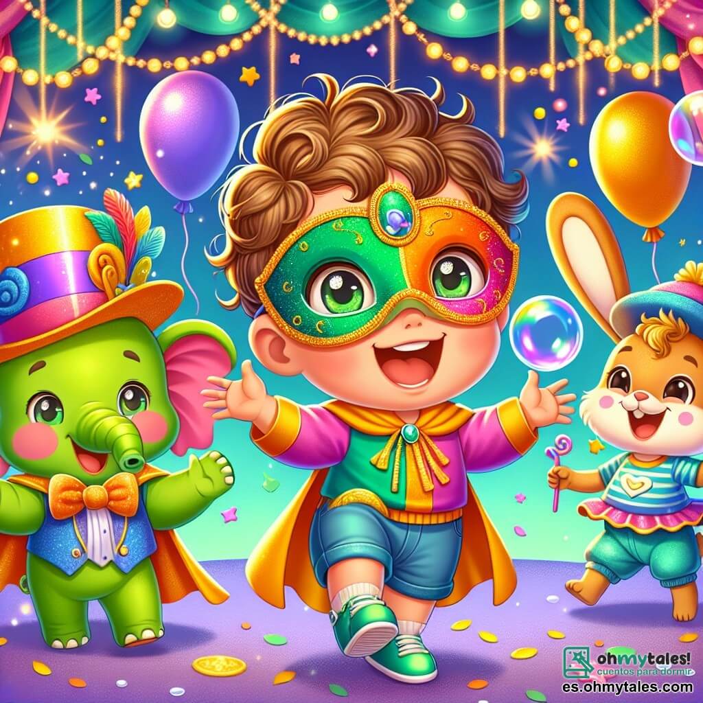 Un niño de 2 años, con cabello rizado y ojos brillantes, lleva una máscara verde, naranja y rosa. Sonríe maravillado, con los brazos abiertos, bailando alegremente en medio de la escena. A su lado, un pequeño elefante verde con una gran capa dorada sopla burbujas de jabón, mientras un adorable conejito de grandes orejas, con un sombrero azul, salta a su alrededor riendo. La escena ocurre en un carnaval mágico, lleno de globos de colores flotantes, guirnaldas brillantes y confeti que cae suavemente del cielo. Los niños bailan y se divierten, todos con máscaras brillantes. El niño se divierte tocando una burbuja que estalla con un "pop", mientras las risas y la música suave crean un ambiente alegre y festivo.