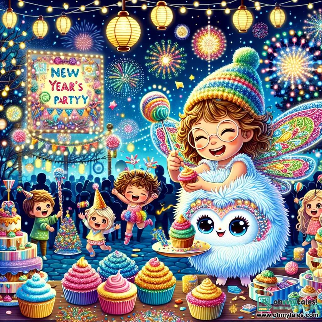 An illustration depicts a small fairy-like creature with shimmering dragonfly wings and fluffy, glowing fur, expressing great joy and excitement while floating in the air, holding a small plate of colorful cupcakes. Beside it, a girl with curly brown hair, round glasses, and a big smile is decorating a cupcake with multicolored glitter, leaning slightly forward to add a finishing touch. The scene is set in a lively park adorned with sparkling lights and colorful lanterns, with trees decorated for the celebration and children laughing and dancing around a large sign saying "New Year Party." The main focus shows the fairy creature and the girl preparing for their New Year celebration, surrounded by laughter and joy, with bright fireworks lighting up the night sky in the background. Other graphic elements include extravagantly decorated cupcakes, floating confetti, and a festive atmosphere filled with vibrant colors and radiant smiles.