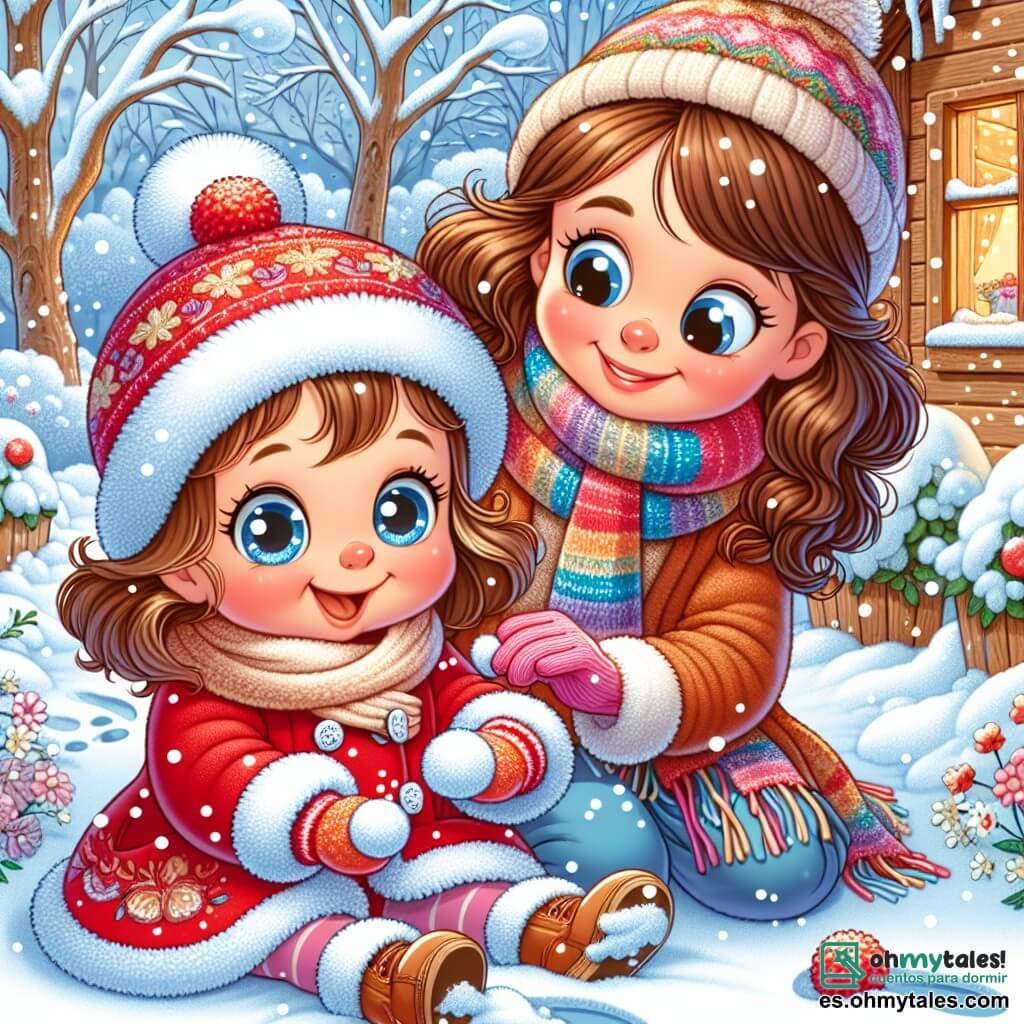 Una niña de 1 año, Clara, con grandes ojos brillantes y mejillas rosadas, está sentada en el jardín cubierto de nieve. Lleva un abrigo rojo brillante, un gorro de lana con pompones y guantes coloridos. Clara ríe alegremente al tocar la nieve, maravillada por su textura fría y suave. A su lado, su mamá, una mujer de unos 30 años con cabello rizado y castaño, sonríe mientras coloca una manta sobre una planta. Lleva un suéter cálido y una bufanda colorida, inclinándose ligeramente hacia Clara y compartiendo un momento de complicidad. El jardín es encantador, con árboles nevados, copos de nieve cayendo suavemente del cielo gris claro y huellas en la nieve que llevan a la casa de madera, cálidamente iluminada. La escena principal muestra a Clara jugando en la nieve, riendo y descubriendo el frío, mientras su mamá cuida las plantas, creando una atmósfera de felicidad familiar y magia invernal.