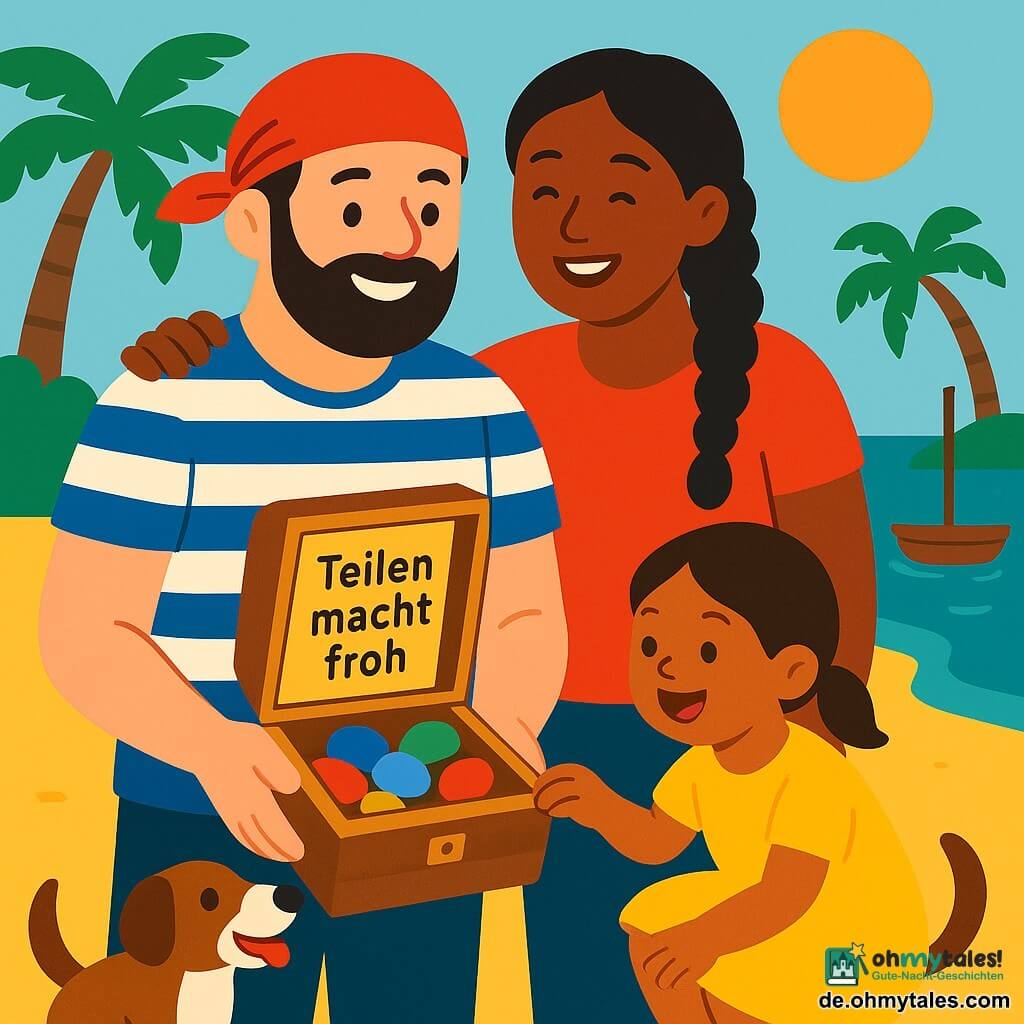 Ein Mann — Kapitän Max — lächelt zuversichtlich und wohlwollend, groß, kurze Bartstoppeln, blauweiß gestreiftes Hemd, rotes Bandana, hält eine kleine offene Holzschachtel; eine Frau — Max' Gefährtin — mit geflochtenem Haar steht neben ihm, lacht und legt die Hand auf seine Schulter; ein etwa sechsjähriges Mädchen in einem gelben Kleid hockt vor der Schachtel, erstaunt, reicht die Hand, um einen bunten Kiesel zu nehmen; ein braunweißer Seehund-Hund wedelt freudig mit dem Schwanz im Sand; Ort: kleine tropische Insel mit goldenem Sand, abgerundeten grünen Palmen, ruhigem türkisfarbenem Meer, einem einfachen Holzboot in der Nähe und einem sanften Himmel mit großer orangefarbener Sonne; Hauptsache: die Szene zeigt ein offenes Kästchen voller glänzender bunter Steine und ein Papier mit der deutlichen Aufschrift „Teilen macht froh“, warme Atmosphäre, gesättigte Farben und rundliche Formen, Komposition zentriert auf die Schachtel und die fröhlichen Gesichter.