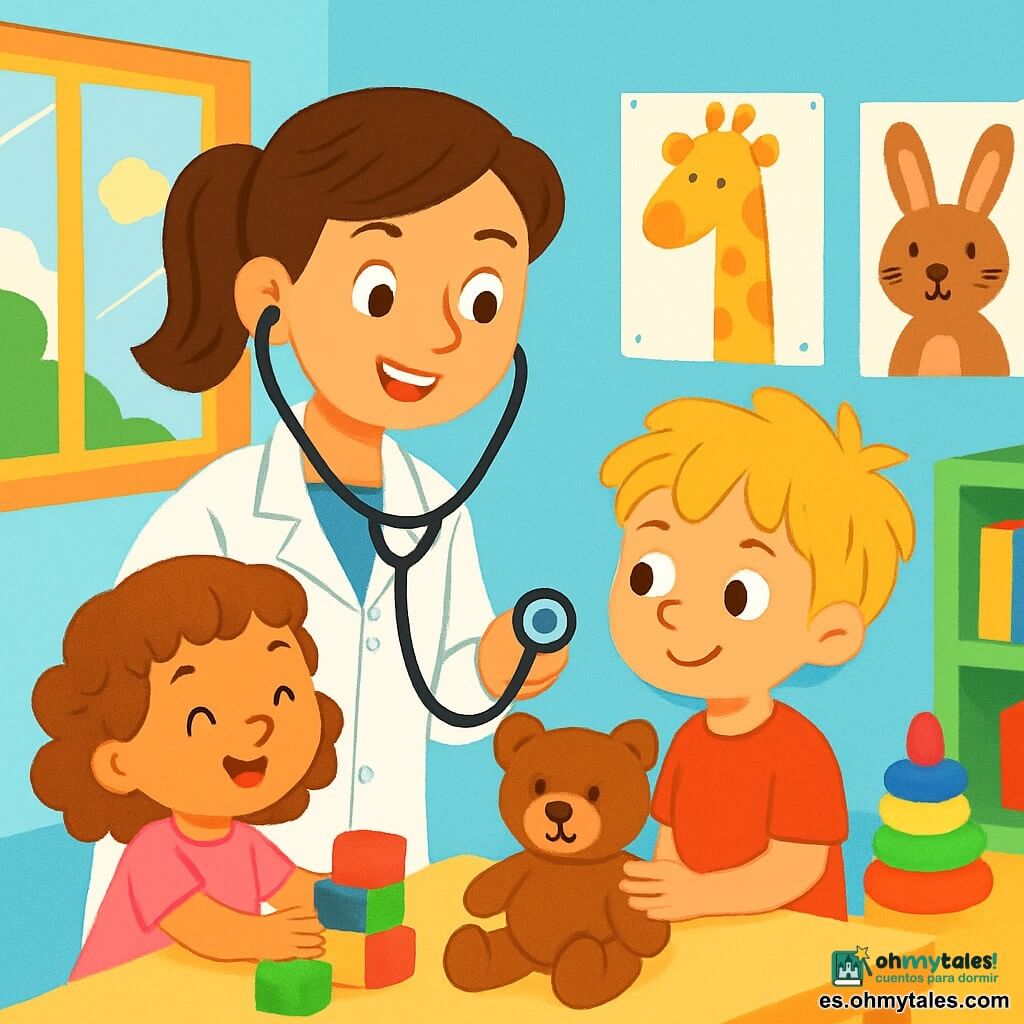 Una doctora, la doctora Lucía, sonriente y llena de vida, lleva una bata blanca brillante y un estetoscopio alrededor del cuello. Tiene el pelo castaño recogido en una coleta y sus ojos brillan con amabilidad. Está de pie en su consultorio médico, rodeada de juguetes coloridos y carteles de animales. A su lado, un niño de 5 años, Timéo, con el pelo rubio despeinado y una camiseta roja, mira con curiosidad un oso de peluche sobre la mesa. Una niña de 4 años, Mia, con el pelo rizado y un vestido rosa, juega con bloques de construcción en un rincón. El consultorio es luminoso, con paredes pintadas de azul pastel y ventanas que dejan entrar la luz del sol, creando un ambiente cálido y acogedor. La doctora Lucía le está explicando a Timéo cómo escuchar su corazón con el estetoscopio, mientras que Mia se divierte construyendo una torre de bloques, llenando la habitación de risas y alegría.