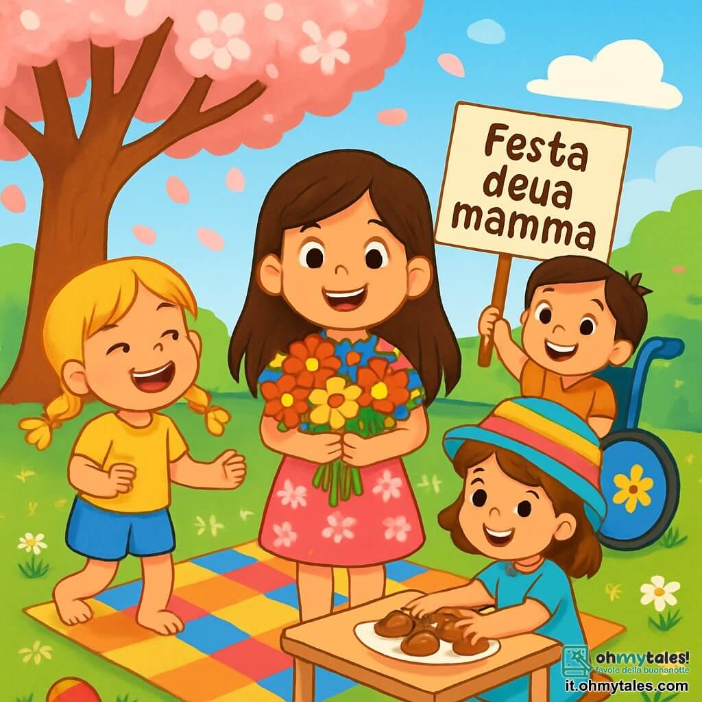 Ci sono 4 bambini: - Anna: una ragazza di 8 anni, con lunghi capelli castani e occhi scintillanti. Indossa un vestito rosa a fiori e un grande sorriso, è al centro e tiene un bouquet di fiori colorati. - Sofia: una ragazza di 7 anni, con capelli biondi e trecce. Indossa una maglietta gialla e pantaloni corti di jeans, è a sinistra di Anna e ride felicemente. - Mia: una ragazza di 7 anni, con un cappello colorato e capelli castani. Indossa un vestito blu, è a destra di Anna e sta preparando dei biscotti su un tavolino. - Lucia: una ragazza di 8 anni, con capelli corti e un sorriso radioso. È su una sedia a rotelle blu decorata con fiori, si trova dietro Anna e tiene un cartello "Buona festa della mamma". La scena si svolge in un parco soleggiato, con un grande albero di ciliegio in fiore e petali rosa che cadono dolcemente a terra. Una grande tovaglia colorata è stesa sull'erba verde, circondata da fiori selvatici e piccoli giocattoli sparsi. I bambini stanno preparando un picnic a sorpresa per le loro mamme, con sorrisi luminosi, biscotti sul tavolo e fiori in mano, creando un'atmosfera gioiosa e festosa.