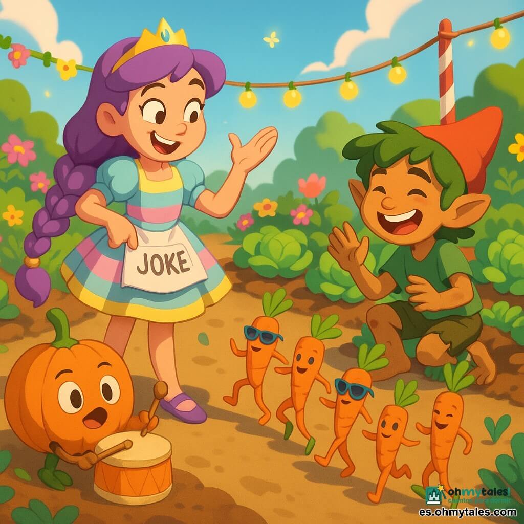 La princesa Lila sonríe con picardía, trenza larga violeta con campanillas, vestido corto a rayas pastel, sujeta el delantal con un letrero plegado y cuenta un chiste con gesto teatral; Pipo, el duende jardinero de unos 10 años, piel bronceada, cabello verde despeinado y manos llenas de tierra, se ríe agachado junto a las hileras de verduras a la derecha de Lila; Doña Calabacita, una calabaza redonda naranja brillante con ojos dibujados y boca como tambor, marca el compás con una pequeña varita de madera al frente; una fila de zanahorias bailarinas naranja con “gafas” de hoja, algunas sobre dos hojas-pies, forman una conga alrededor de Lila; el huerto mágico está rebosante: senderos de tierra, tutores a rayas, lechugas como cojines verdes, flores multicolores y luciérnagas en guirnaldas; ambiente alegre y chispeante, colores saturados, luz suave de mañana, composición dinámica, movimientos de baile y expresiones exageradas, estilo cartoon 3D cel-shading con primeros planos de rostros expresivos y texturas táctiles de las verduras.