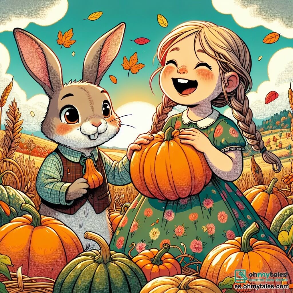 Un pequeño conejo llamado Benito, con un pelaje suave y marrón, grandes orejas atentas y ojos brillantes de curiosidad, sonríe alegremente mientras recoge una calabaza naranja brillante en un campo soleado. A su lado, Clara, una niña de cabello rubio trenzado y vestida con un vestido de flores, ríe sosteniendo una gran calabaza, con las mejillas sonrojadas por la emoción. Al fondo, el campo está lleno de calabazas de diferentes formas, bajo un cielo azul claro salpicado de nubes blancas y esponjosas. La atmósfera es cálida y festiva, con hojas de otoño de colores vivos cayendo suavemente a su alrededor, creando un ambiente alegre y acogedor. La escena ilustra el momento en que Benito y Clara celebran la cosecha de otoño, rodeados de la belleza de la naturaleza.