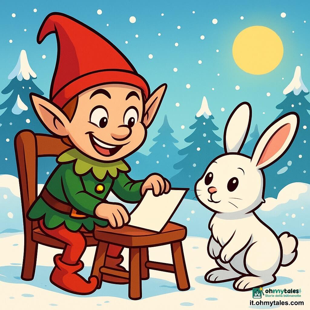 Un piccolo folletto burlone, con un cappello rosso a punta e orecchie a punta, sorride maliziosamente, i suoi occhi brillano di malizia. Indossa una tunica verde decorata con campanellini dorati che tintinnano ad ogni movimento, mentre sta infilando un biglietto sulla sedia "Renna", ridacchiando dolcemente. Accanto a lui, un adorabile coniglietto bianco, con grandi orecchie e pelliccia soffice, guarda con curiosità, i suoi occhi tondi brillano di eccitazione. Si tiene sulle zampe posteriori, pronto a saltare, e sembra impaziente di scoprire la sorpresa che il folletto ha preparato. Sullo sfondo, una foresta innevata scintilla sotto un cielo azzurro chiaro, con abeti carichi di neve e fiocchi che cadono dolcemente. La scena è illuminata dalla luce dorata del sole invernale, creando un'atmosfera calda e gioiosa. Il folletto burlone lascia un messaggio sulla sedia, annunciando un nuovo scherzo, mentre il coniglio, incuriosito, si piega per leggere il messaggio, creando un'atmosfera di mistero e divertimento.