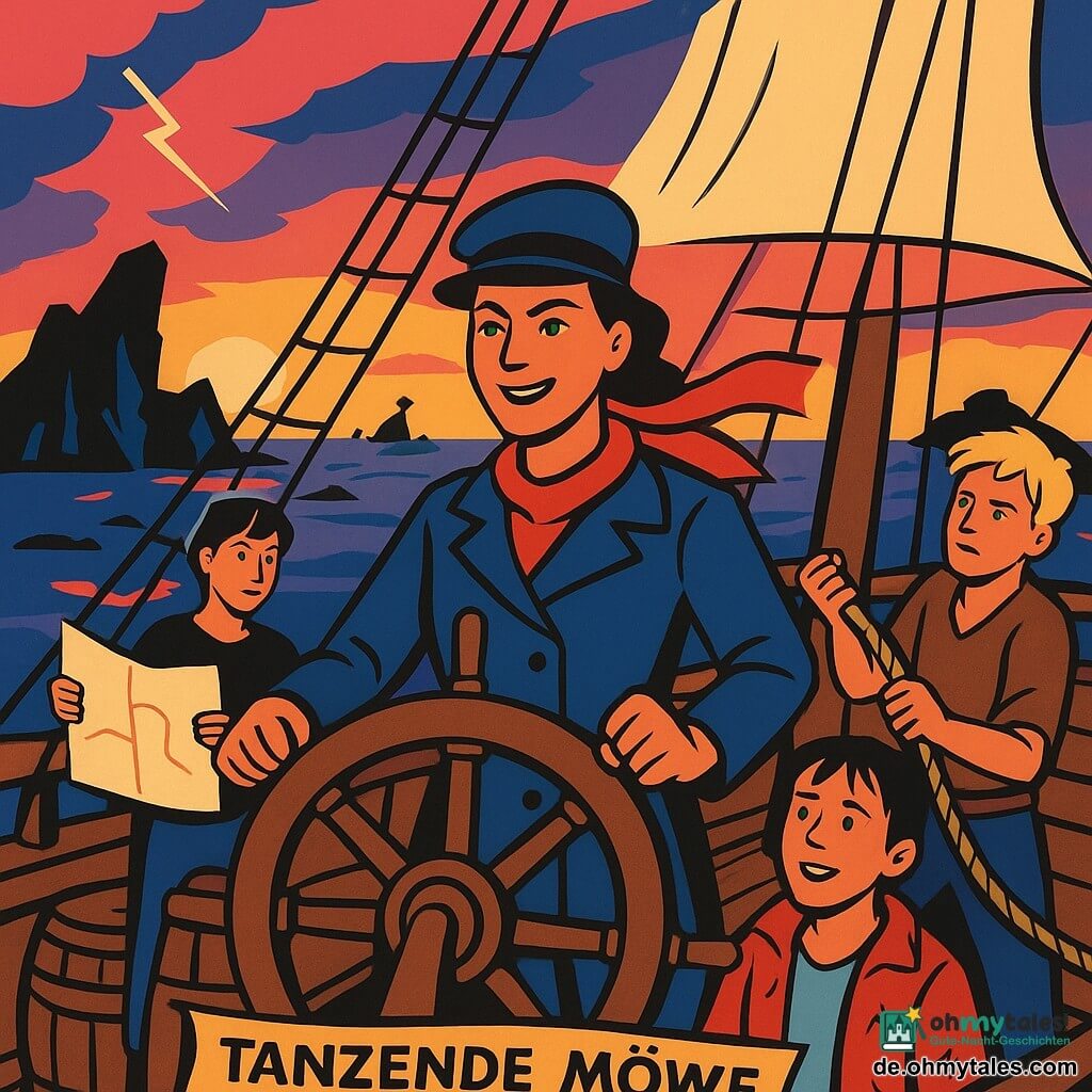 Lila, Kapitänin, entschlossenes lächelndes Gesicht, leuchtend grüne Augen, roter wehender Schal, feste Hände am großen hölzernen Ruder, selbstbewusste Vordergrundhaltung; Momo, Navigatorin ~20, kurze braune Haare, ausgerollte Karte, oben am linken Mast, konzentrierter verschmitzter Blick; Finn, Junge ~16, zerzauste blonde Haare, hält ein Tau am rechten Deck, angespannte aber mutige MExpression; Emil, Junge ~12, nasse Haare, geflickte Jacke, sitzt am Peildeck neben Lila, erleichtertes staunendes Gesicht; das Schiff Tanzende Möwe: brauner Holzrumpf, teils gereffte cremefarbene Segel, Tauwerk und Fässer als Details; Hintergrund: schwarzes kantiges Riff knapp unter Wasser, gestrandete Galeone des Admirals, flackernde gelbe Laternen, spiegelnd ruhige See mit Streifen in Gold, Rosa und Dunkelblau als ablaufende Flut; Sonnenuntergangshimmel: breiter flacher Verlauf von orange-rosa zu Nachtblau mit stilisierten Blitzen und flachen Wolken; Stimmung: siegreiche Spannung, dynamische Komposition, klare Silhouetten, große Farbflächen, einfache Schatten und starke Konturen, Lila lächelt als Zeichen von Mut und Zusammenhalt.