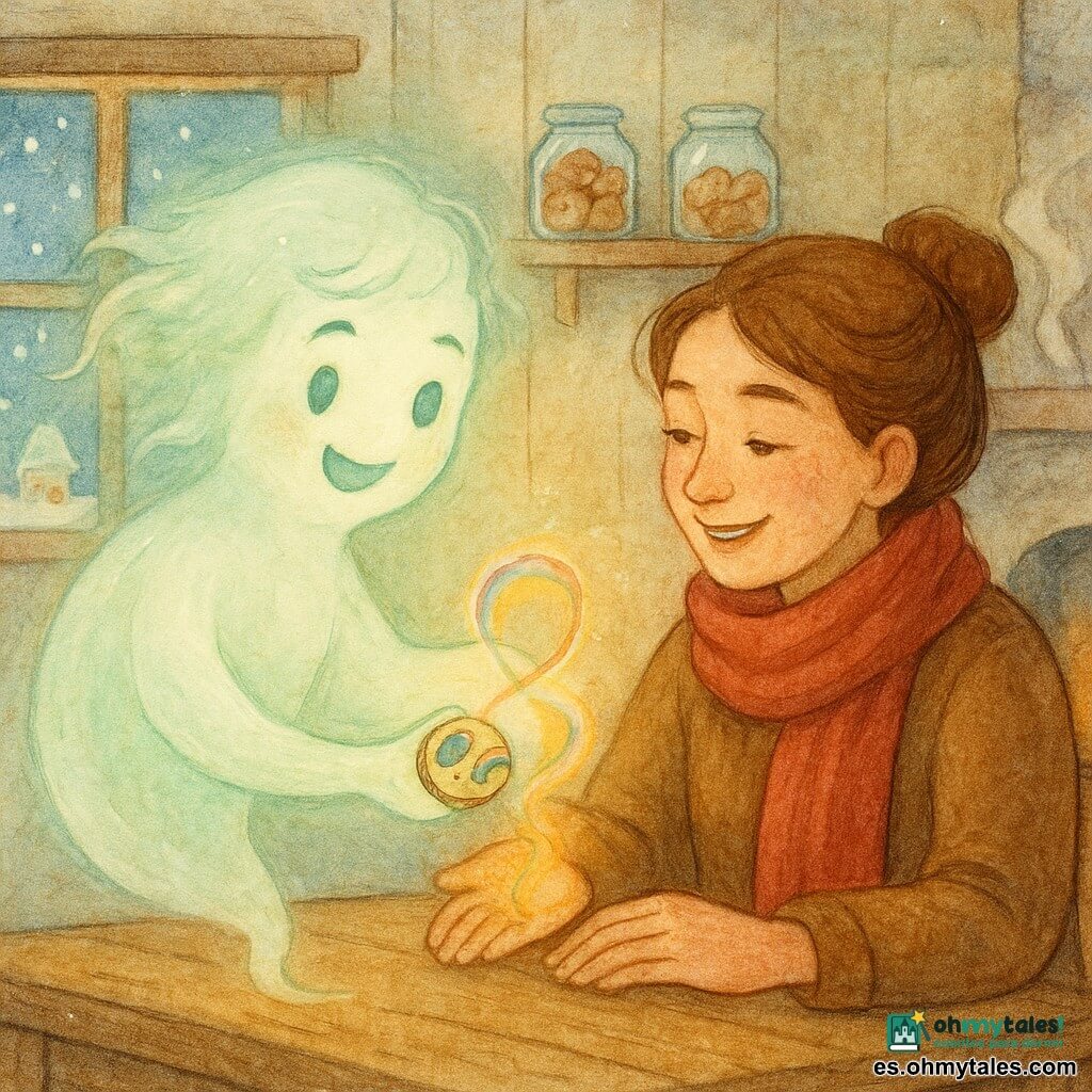Un pequeño fantasma llamado Lino, alegre y maravillado, de un tenue resplandor lechoso y verde pálido, translúcido y de contornos difusos, flota sobre una mesa de madera ofreciendo una pequeña brújula hecha de botones de luna y un trozo de arcoíris a una joven de 16–18 años con larga bufanda roja y el cabello castaño en un moño, manos cálidas y ásperas de costurera, que posa la palma sobre la brújula y la mira sonriendo; la escena en el Bosque de Copos muestra un interior acogedor de paredes de madera blancas, chimenea con humo perfumado, estantes con frascos de galletas y una ventana congelada que deja ver copos y casas de azúcar glaseado; un hilo de luz dorada y multicolor surge entre sus manos y se recompone en un lazo brillante, con atmósfera cálida y mágica, colores pastel con toques dorados, texturas granulosas como acuarela y luz tenue de chimenea.
