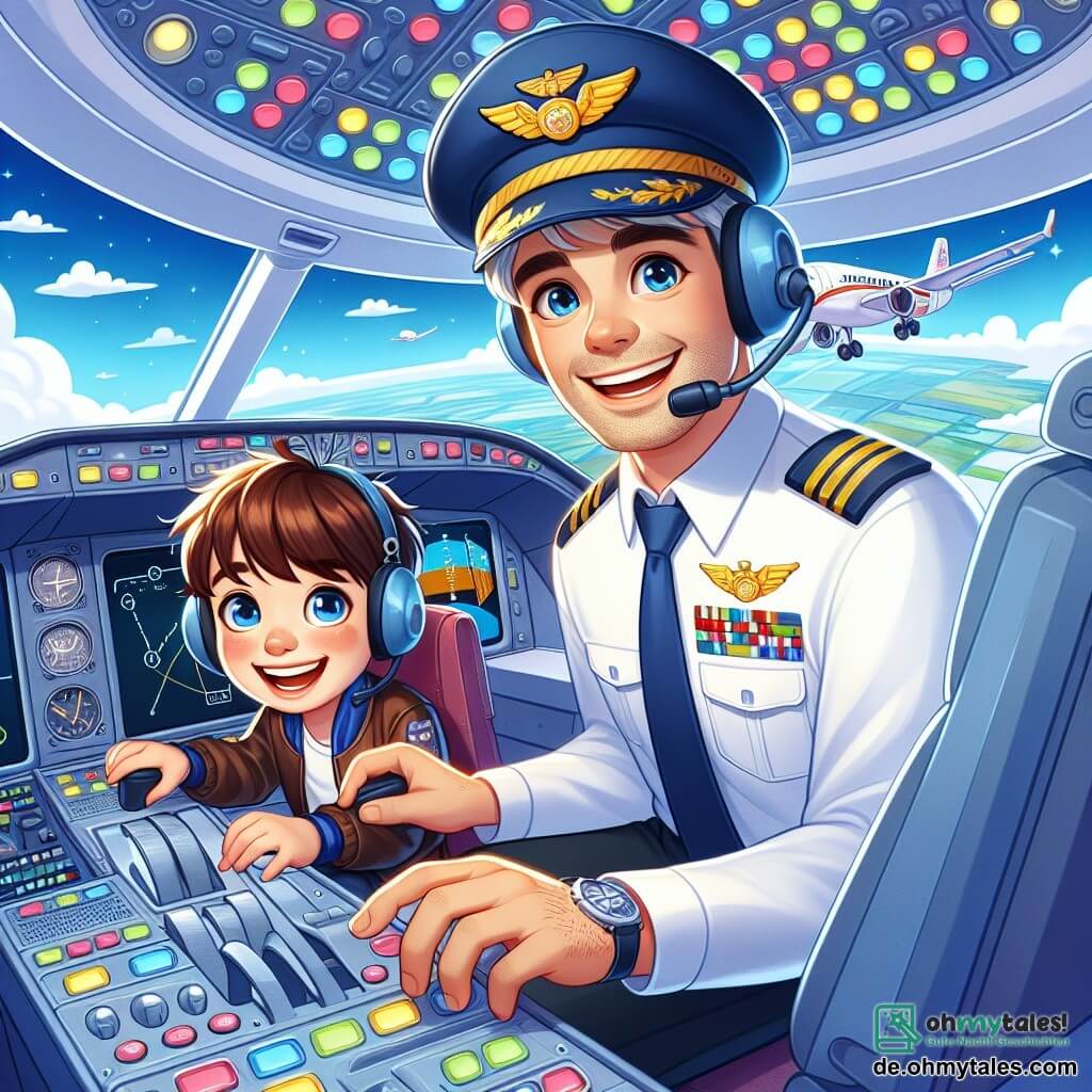 Ein Mann, der Pilot, sitzt im Cockpit eines großen weißen Flugzeugs mit bunten Flügeln, mit einem breiten Lächeln im Gesicht und funkelnden Augen vor Aufregung. Er trägt eine Pilotenmütze und eine blaue Jacke mit Medaillen, während er selbstbewusst die Steuerung anpasst. Neben ihm sitzt ein 8-jähriger Junge namens Max mit braunen Haaren und leuchtenden Augen im Co-Pilotensitz. Er schaut neugierig umher, hält sich fest am Arm des Sitzes, sein Gesicht strahlt vor Freude über die Entdeckung der Welt des Fliegens. Die Illustration spielt im Cockpit des Flugzeugs, umgeben von bunten Instrumenten und hellen Bildschirmen. Draußen sieht man einen strahlend blauen Himmel mit ein paar flauschigen weißen Wolken, und darunter verwandelt sich die Erde in eine Miniaturlandschaft. Die Hauptsituation zeigt den Piloten und Max beim Abheben, mit klopfendem Herzen vor Aufregung, bereit, ein unvergessliches Abenteuer in den Lüften zu erleben.