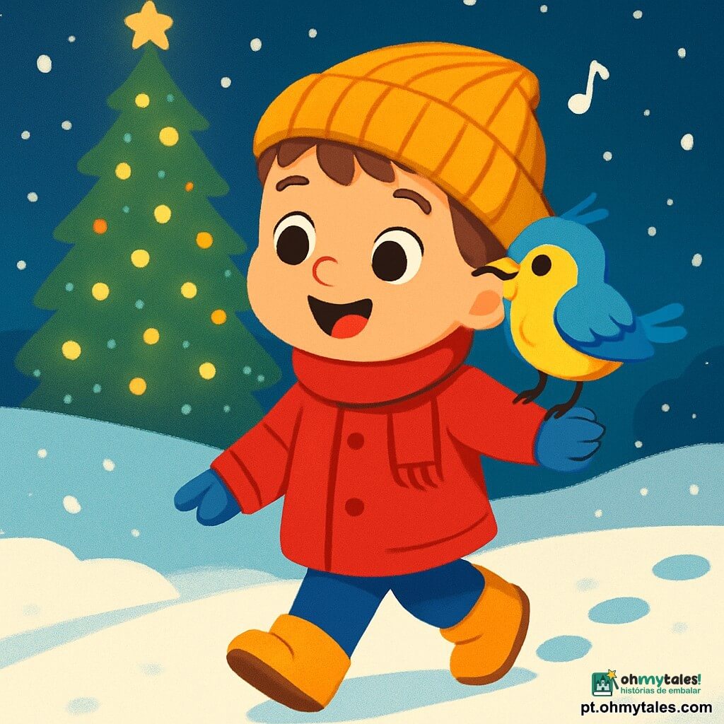 Um menino de 4 anos, chamado Lucas, com grandes olhos brilhantes e um sorriso caloroso, veste um casaco vermelho vivo e um gorro de lã. Ele está caminhando na neve, suas pequenas botas deixando pegadas redondas atrás dele. Ao seu lado, um pequeno pássaro de penas azuis e amarelas, tremendo levemente, está em seu ombro, olhando ao redor com curiosidade. O cenário é uma noite tranquila de Natal, com uma grande árvore de Natal iluminada ao longe, suas luzes brilhantes criando uma atmosfera mágica. A neve cai suavemente, cobrindo o chão com um espesso manto branco, enquanto flocos dançam no ar. A cena mostra Lucas cantando alegremente, ajudando o pequeno pássaro a encontrar seu caminho de volta para seu ninho, cercado pela beleza das luzes de Natal e pelo silêncio da noite estrelada.
