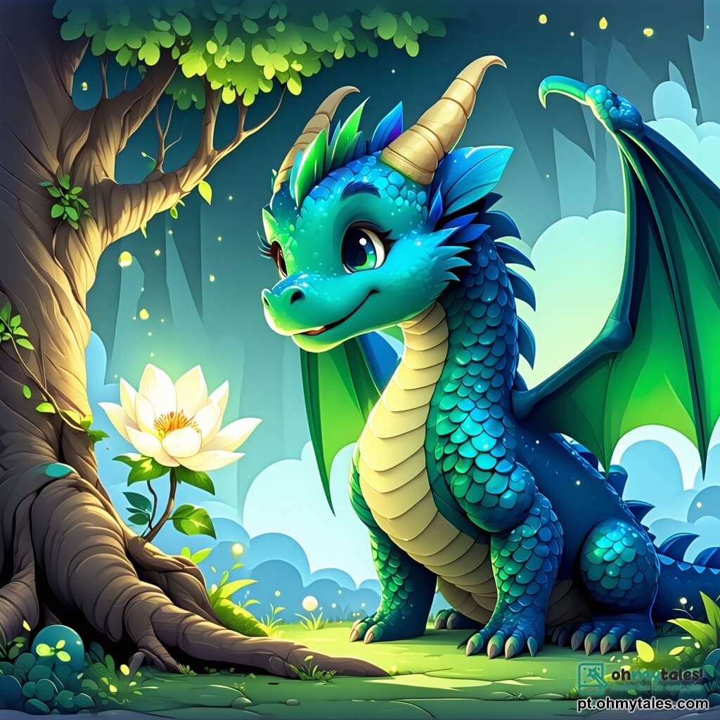 No centro da imagem, um majestoso dragão chamado Zefir, com escamas cintilantes que vão do verde brilhante ao azul profundo, expressa grande curiosidade e alegria contagiante. Suas grandes asas, semelhantes a nuvens, estão abertas atrás dele, e ele se inclina levemente para frente, observando com admiração uma magnífica flor luminosa no topo de uma grande árvore. Ao lado dele, Tico, um pequeno sapo verde vivo com olhos brilhantes, salta alegremente sobre uma pedra, suas patas traseiras no ar, pronto para incentivar seu amigo. Mais acima, Luna, uma delicada borboleta de asas multicoloridas, voa ao redor da cabeça de Zefir, iluminando a cena com suas cores vibrantes. O local é um pântano mágico, onde a névoa leve flutua sobre a água clara, e as árvores com troncos retorcidos se erguem como guardiões silenciosos. Flores vibrantes e plantas misteriosas crescem ao redor, criando uma atmosfera encantada. A cena principal mostra Zefir, Tico e Luna descobrindo a Flor da Luz, uma planta mágica que brilha como estrelas, no coração do pântano, simbolizando a amizade e a coragem que compartilharam em sua aventura.