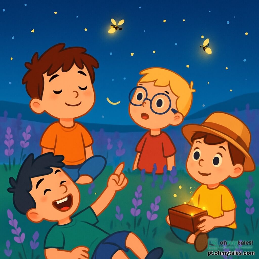 Há 4 crianças: João, um menino de 8 anos com cabelos castanhos bagunçados e um sorriso suave, sentado na grama, com os olhos fechados, respirando profundamente; Pedro, um menino de 7 anos com óculos redondos e cabelos loiros, em pé ao lado de João, olhando para o céu estrelado com admiração; Lucas, um menino de 6 anos com cabelos negros e sardas, deitado de costas, rindo e apontando para uma vaga-lume que voa acima dele; Miguel, um menino de 7 anos com cabelos castanhos e um chapéu de palha, sentado de pernas cruzadas, segurando uma pequena caixa aberta, maravilhado com as luzes que saem dela. O local é um campo infinito de lavandas, com flores roxas balançando suavemente na brisa noturna, sob um céu azul profundo salpicado de estrelas brilhantes, enquanto vaga-lumes iluminam o ar com um brilho dourado. A cena principal mostra as crianças reunidas, respirando calmamente, cercadas de lavandas e vaga-lumes, criando uma atmosfera pacífica e mágica, perfeita para adormecer.