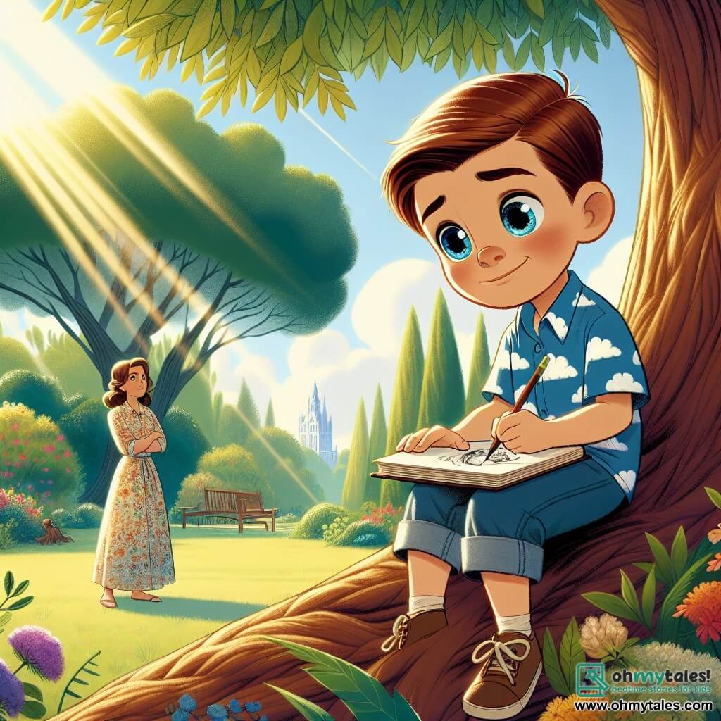 A 7-year-old boy named Oliver, with brown hair and bright eyes, sits on a branch of a large tree, his face showing both sadness and determination. He wears a blue t-shirt with a cloud pattern and denim shorts, holding a small notebook in his hands, ready to draw memories of his grandmother. Nearby, his mother, a woman around 35 with long brown hair and gentle eyes, stands with her arms crossed, watching her son with an encouraging smile. She wears a light floral dress, standing under the tree, surrounded by rays of sunlight filtering through the leaves. The setting is a green park filled with colorful flowers and majestic trees, with a clear blue sky dotted with fluffy white clouds. The main scene shows Oliver sitting on the branch, drawing happy memories of his grandmother in his notebook, while his mother watches him tenderly, creating an atmosphere of warmth and comfort amid sadness.