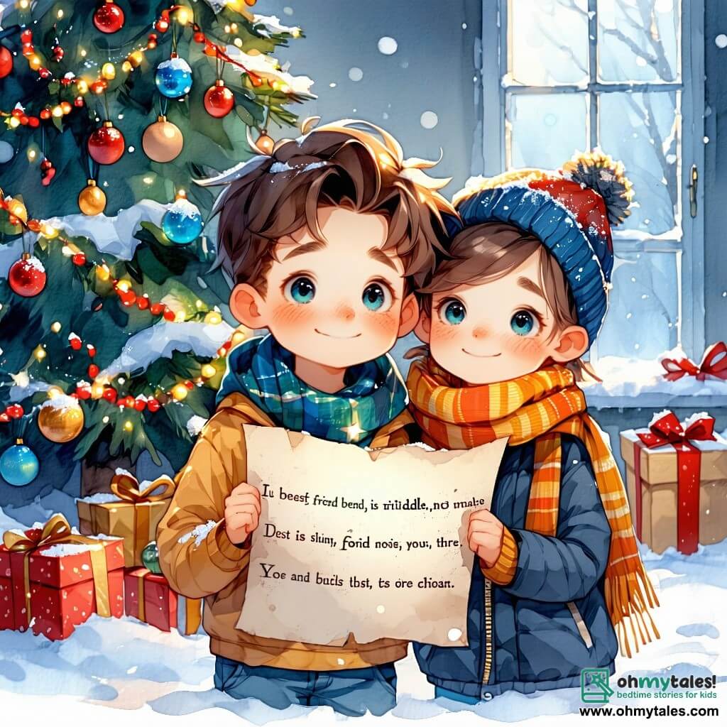 A 7-year-old boy, Oliver, with messy brown hair and sparkling blue eyes, stands in front of a large Christmas tree adorned with twinkling garlands and colorful ornaments. He is smiling widely, his cheeks rosy from the cold, holding a shiny piece of paper with a riddle written on it. Next to him, his best friend Lucy, a 7-year-old girl with golden curls and bright eyes, jumps for joy with her arms raised to the sky. She wears a bright red coat and a striped scarf, adding a splash of color to the scene. Their mother, a woman in her thirties with brown hair and a warm smile, stands slightly back, her arms full of delicious Christmas cookies, watching the scene with wonder. The setting is a cozy living room illuminated by twinkling lights, with snowflakes gently falling outside, creating a magical and festive atmosphere. Oliver and Lucy are preparing a Christmas treasure hunt, surrounded by colorful decorations and hidden surprises, filled with excitement and joy at the thought of pleasing Oliver's mom.