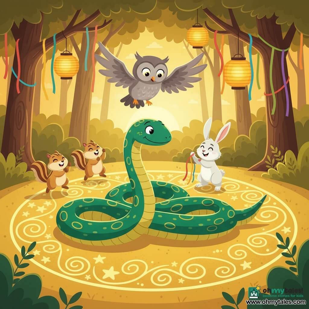 A joyful, shy emerald-green snake named Silas with golden highlights curls in a half-circle on the golden-sanded clearing, drawing luminous spiral patterns as animals dance and applaud at a warm sunset festival; above, Ophelia the gray owl soars with outstretched wings, two chipmunks, Chippy and Chatter, hop and clap at the dance circle’s edge, and Rita the white-eared rabbit stands smiling, holding a colorful ribbon amid hanging paper lanterns and ribbons in a leafy grove.