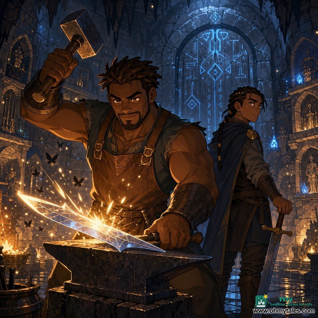 An adult blacksmith, Edrin Voss, square-faced with muscular arms, short tousled brown hair, a determined warm expression and eyes glowing with inner fire, holds a large forge hammer above an anvil, striking a pale, sparkling blade (the Echo Blade) that throws bright sparks; a slim, agile young man of about 20, Rook, with braided black hair threaded with copper and a wary but loyal gaze, stands just behind Edrin leaning on a short sword, ready to protect and watching the dark entrance; Tamsin is absent and the composition focuses on Edrin and Rook; the setting is the vaulted Vault of Echoes—grey stone walls lined with carved shelves, golden and bluish glows reflecting on damp surfaces, silhouetted stalactites, motes of luminous dust, and a large rune-covered stone door behind them; the moment is heroic as Edrin completes the magical blade before the rune-adorned door, the air shimmering with sparks and small shadow butterflies dispelled by a warm aura, epic but gentle atmosphere with warm orange/gold tones around the forge contrasted with cold blue/grey tones in the cavern.