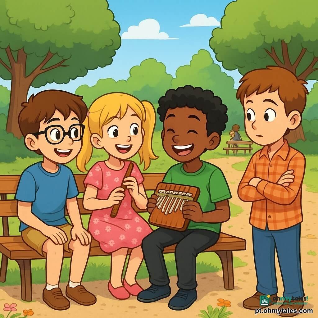 Há 4 crianças: - Lucas: um menino de 10 anos, com cabelos castanhos e óculos, vestindo uma camiseta azul e um short bege. Ele está sentado em um banco, sorrindo e olhando para Malik com curiosidade. - Sofia: uma menina de 9 anos, com cabelos loiros e tranças, vestindo um vestido rosa com flores. Ela está sentada ao lado de Lucas, com os olhos brilhando de excitação, segurando uma flauta. - Malik: um menino de 10 anos, com cabelos negros cacheados e pele morena. Ele usa uma camiseta verde e calças pretas. Ele está sentado no banco, tocando kalimba com um grande sorriso, cercado por seus novos amigos. - Tomás: um menino de 10 anos, com cabelos castanhos e pele clara, vestindo uma camisa xadrez. Ele está de pé perto do banco, com os braços cruzados, mas com um olhar curioso e aberto. O local é o recreio de uma escola, um grande espaço ensolarado com árvores verdes, bancos de madeira e crianças brincando ao longe. O chão é coberto de cascalho e algumas flores coloridas que crescem entre as pedras. A situação principal mostra Malik tocando kalimba, cercado pelos amigos Lucas e Sofia, que o escutam com admiração. Tomás, inicialmente um pouco hesitante, se aproxima lentamente, intrigado pela música. A atmosfera é alegre e cheia de cores, simbolizando a amizade e a aceitação das diferenças.