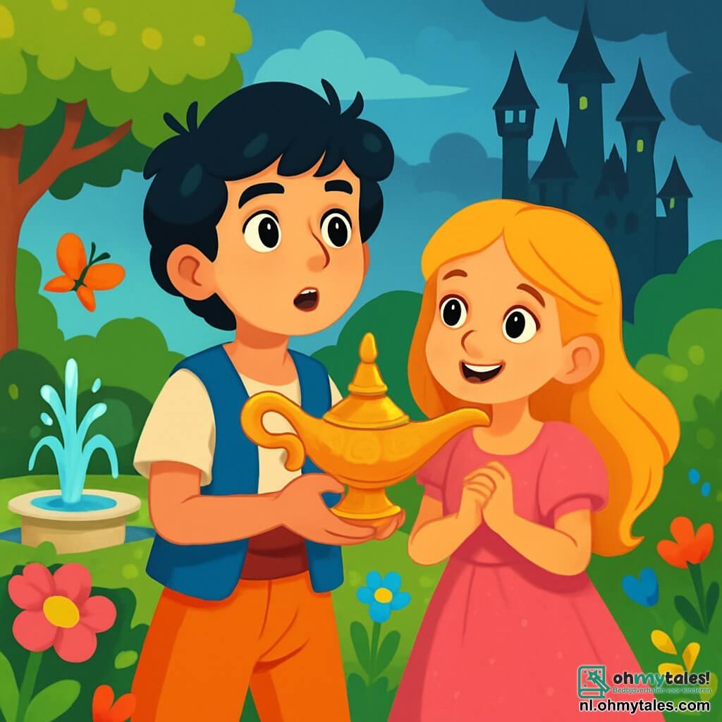 Aladdin, een 12-jarig jongen met zwart, krullend haar, draagt een amberkleurige broek en een heldere blauwe vest. Zijn gezicht toont verwondering en vastberadenheid terwijl hij een oude lamp, prachtig versierd met gouden patronen, vasthoudt. Naast hem staat een prinses, een 11-jarig meisje met lang, gouden haar, gekleed in een glinsterende roze jurk. Ze glimlacht blij, haar ogen sprankelend van dankbaarheid, terwijl ze dicht bij Aladdin staat, klaar om hem te helpen. De scène speelt zich af in een prachtige betoverde tuin, vol kleurrijke bloemen, fonkelende fonteinen en majestueuze bomen. Multicolore vlinders fladderen om hen heen, wat een vleugje magie aan de omgeving toevoegt. In deze illustratie staan Aladdin en de prinses voor het kasteel van de boosaardige tovenaar, dat in de achtergrond dreigend oprijst, omringd door donkere wolken. De belangrijkste situatie toont Aladdin die de lamp opheft, klaar om de geest te bevrijden, terwijl de prinses hem aanmoedigt met een hoopvolle blik.
