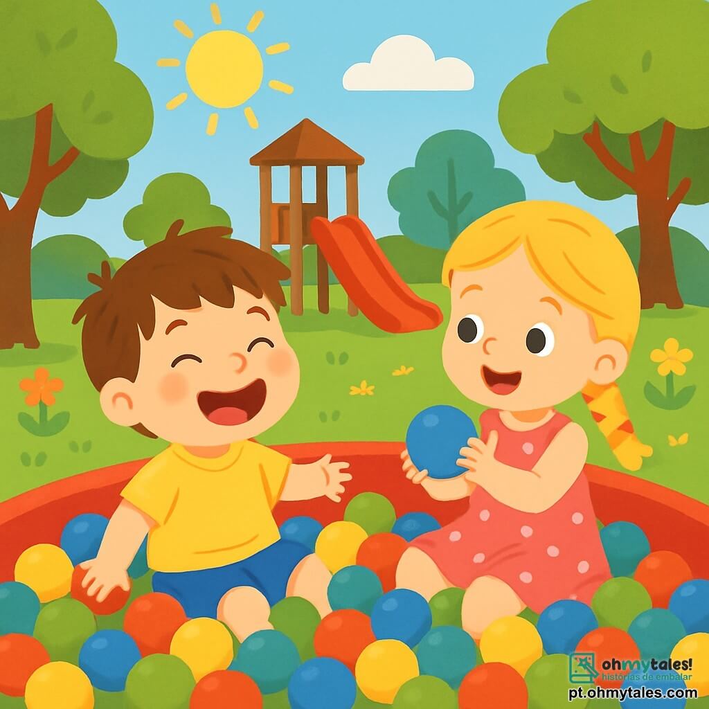 Um garotinho de 2 anos, Léo, com cabelos castanhos bagunçados e olhos brilhantes de alegria, está sentado em uma piscina de bolinhas coloridas, rindo muito. Ele veste uma camiseta amarela viva e um short azul, suas bochechas estão vermelhas de felicidade. Ao lado dele, sua namoradinha Ana, uma menina de 3 anos com cabelos loiros trançados e um vestido rosa de bolinhas, sorri segurando uma bola colorida nas mãos. O parque está ensolarado, cheio de árvores verdes, flores coloridas e risadas de crianças. A cena principal mostra Léo e Ana se divertindo juntos na piscina de bolinhas, cercados por amigos, todos rindo e brincando alegremente, criando uma atmosfera de felicidade e amizade.