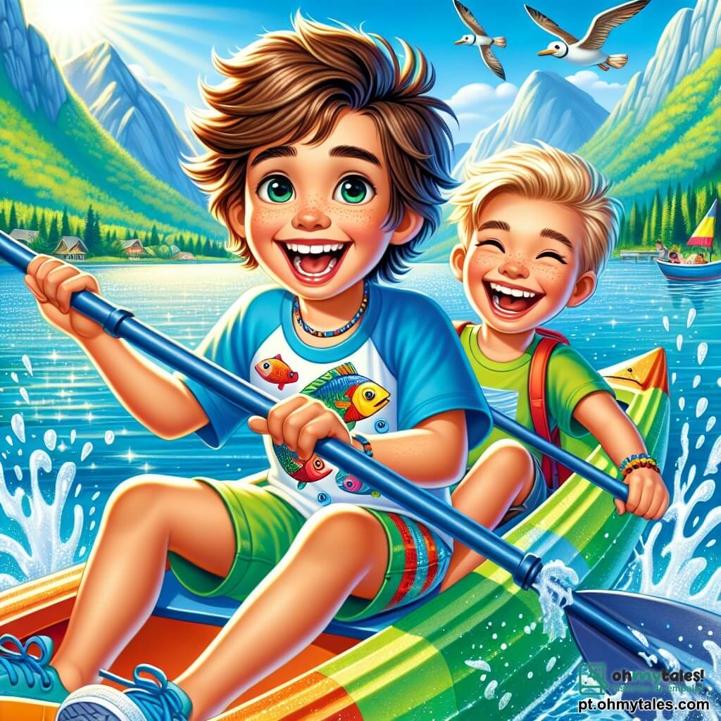 Um menino de 10 anos, Tomás, com cabelos castanhos bagunçados e um largo sorriso radiante de alegria, está sentado em um caiaque colorido no meio de um lago cintilante. Ele usa um short azul vivo e uma camiseta com estampas de peixes, seus olhos brilham de excitação. Ao seu lado, seu melhor amigo Lucas, também de 10 anos, tem cabelos loiros e óculos de sol no nariz, rindo enquanto segura um remo, pronto para remar. Ao fundo, o lago é cercado por majestosas montanhas verdes sob um céu azul claro, com pássaros voando alegremente. A cena principal mostra Tomás e Lucas remando juntos, rindo e se divertindo, enquanto respingos de água saltam ao redor deles, capturando o espírito de aventura e camaradagem de suas férias de verão.