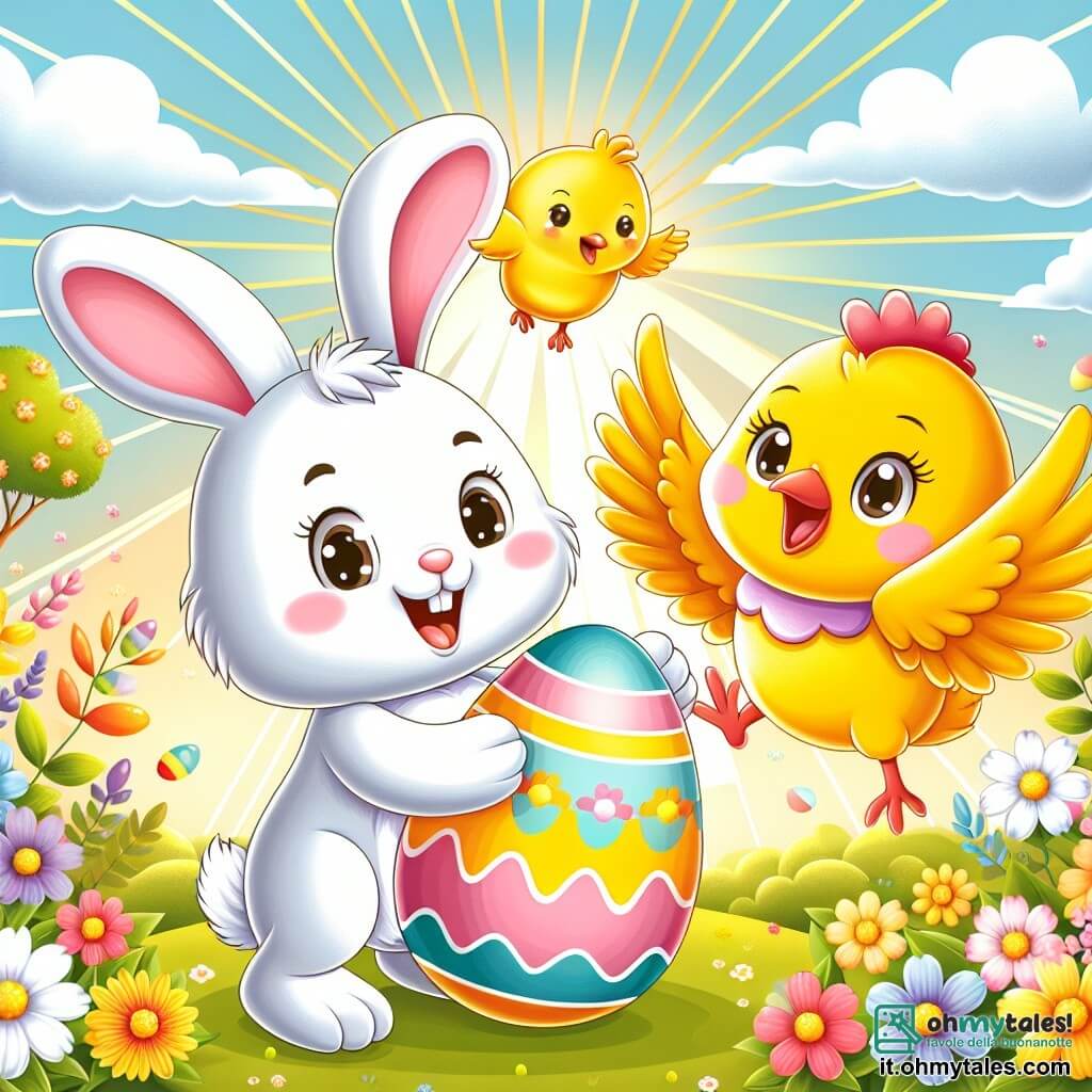 Un coniglietto di nome Bobo, con pelliccia bianca e grandi orecchie, è al centro dell'immagine, mostrando un'espressione di gioia mentre tiene un uovo di Pasqua colorato tra le zampe. Accanto a lui, una gallina dalle piume dorate e un sorriso amichevole, che lo incoraggia alzando un'ala, e un pulcino giallo vivace che salta di gioia indicando l'uovo. Lo sfondo è un giardino primaverile splendente, pieno di fiori colorati, alberi in fiore e raggi di sole che illuminano la scena. In lontananza si intravede un cielo blu chiaro con alcune nuvole bianche e soffici. La situazione principale mostra Bobo, circondato dai suoi amici, che celebra la scoperta del suo uovo speciale, con espressioni di felicità e amicizia, in un'atmosfera festosa e gioiosa.